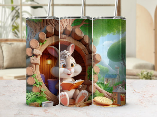 Cute Bunny Reading in Cozy Woodland Scene Tumbler