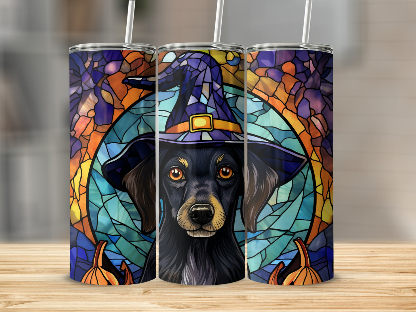 Dachshund in witch hat with stained glass and pumpkins, Halloween tumbler.