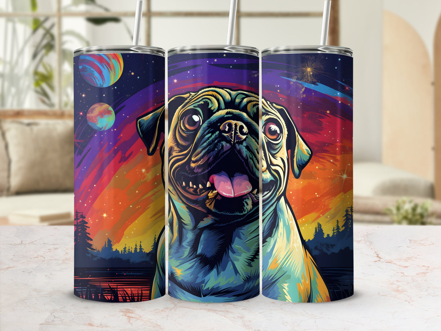 Three tumblers with a colorful pug and space scene design.