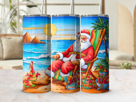 Santa Relaxing on Tropical Beach Stainless Steel Tumbler