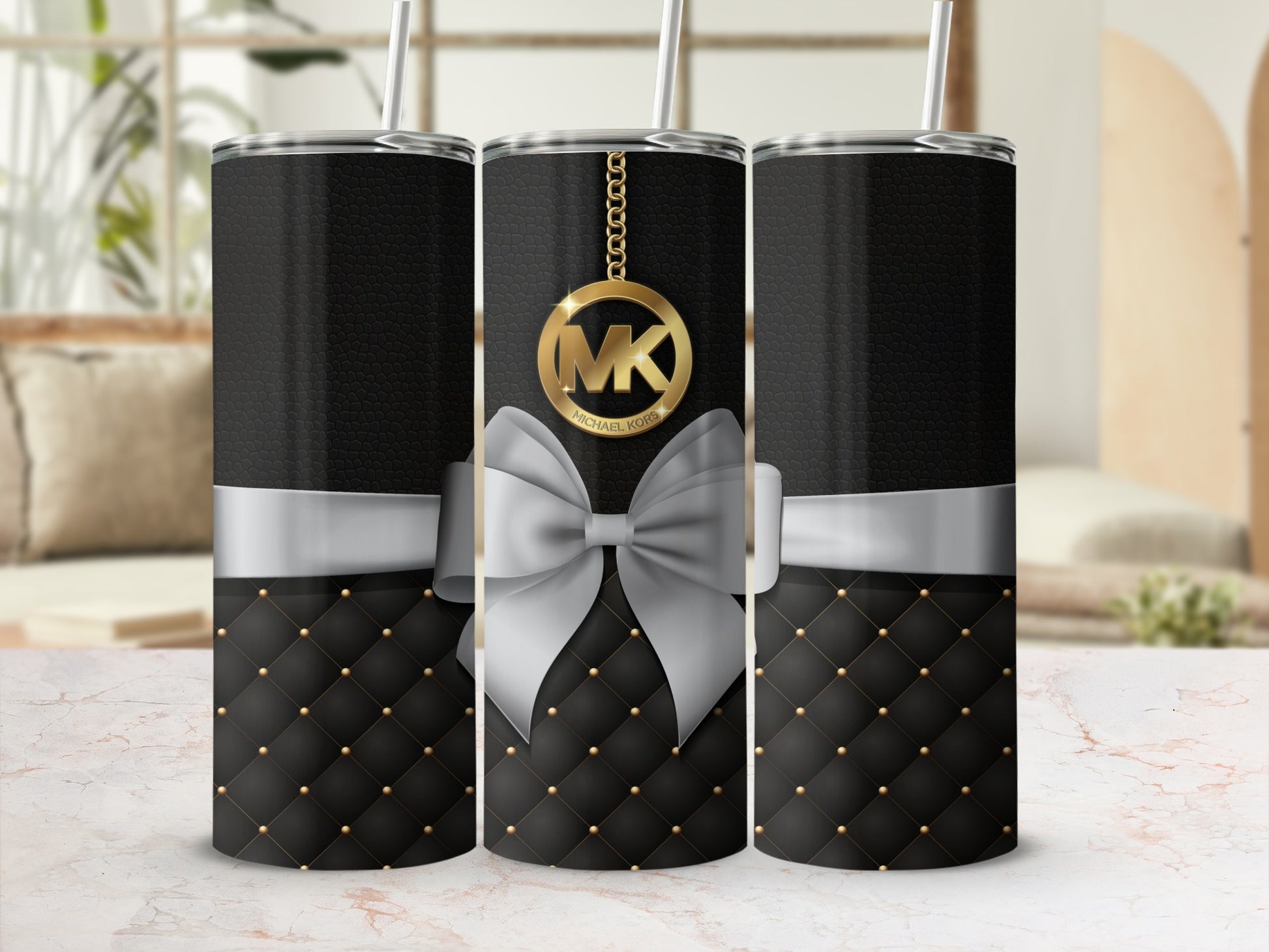 Luxurious Black and Gold Quilted Tumbler with Bow Design