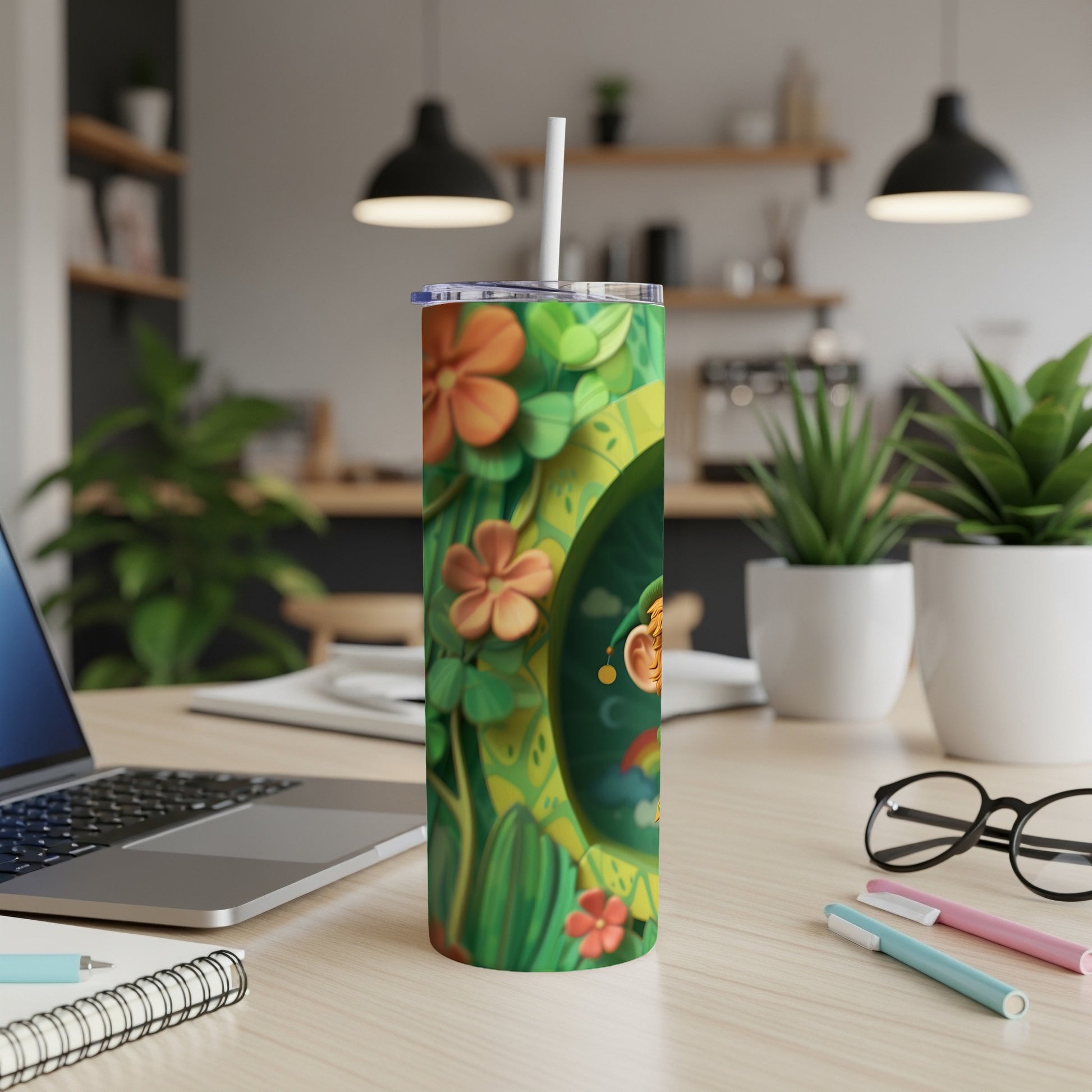 Green tumbler with St. Patrick's Day themed clover and leprechaun design.