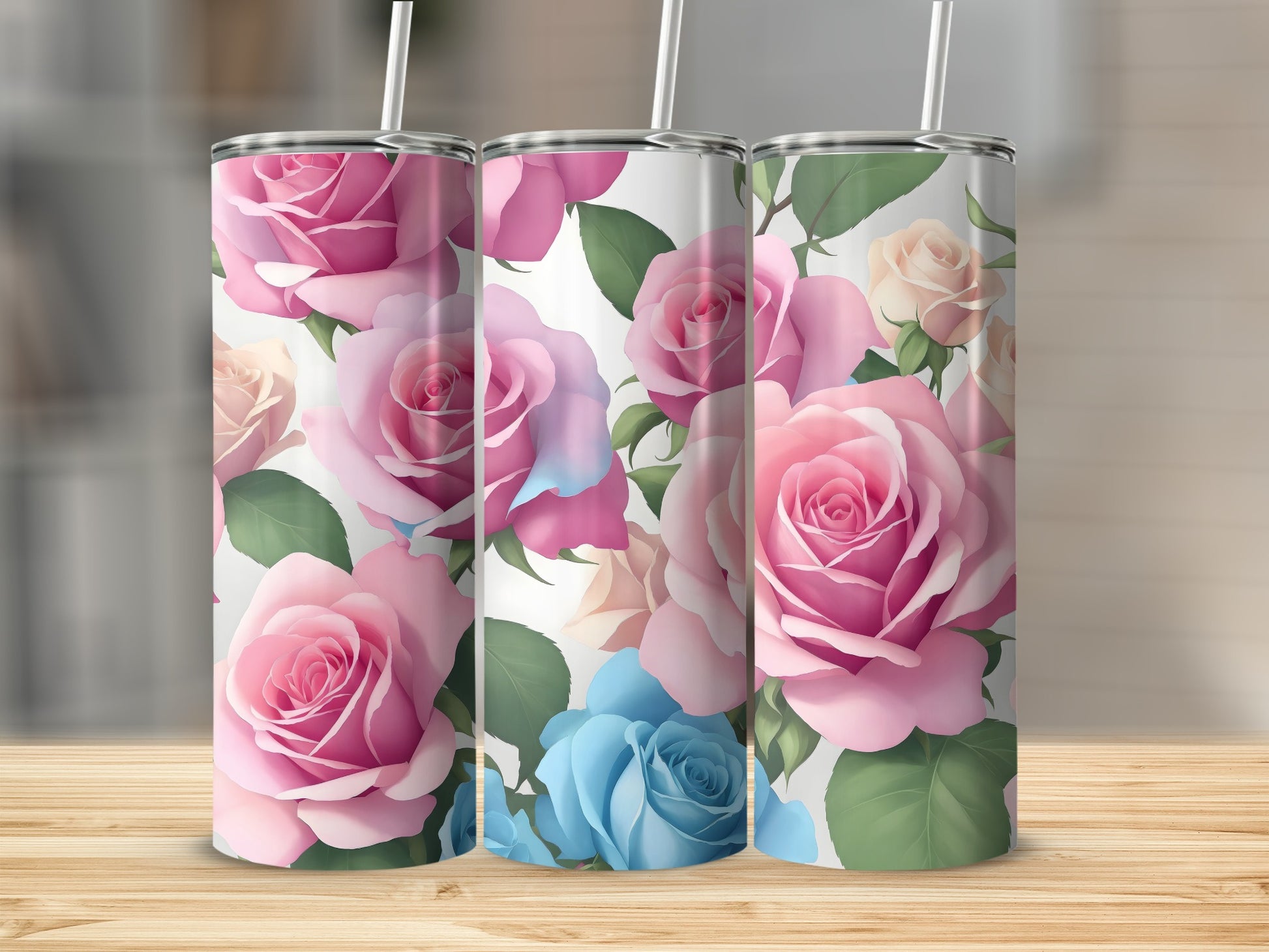 Vibrant Pink Blue Rose Floral Pattern Tumbler product type
