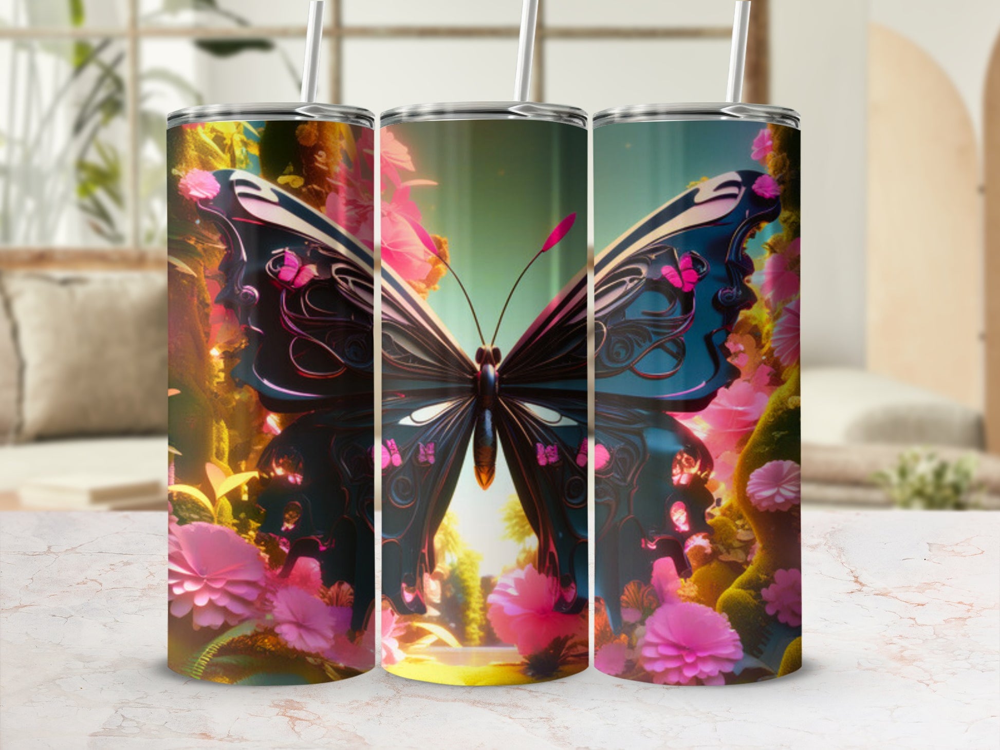 Dark butterfly with pink flowers on a cylindrical tumbler.