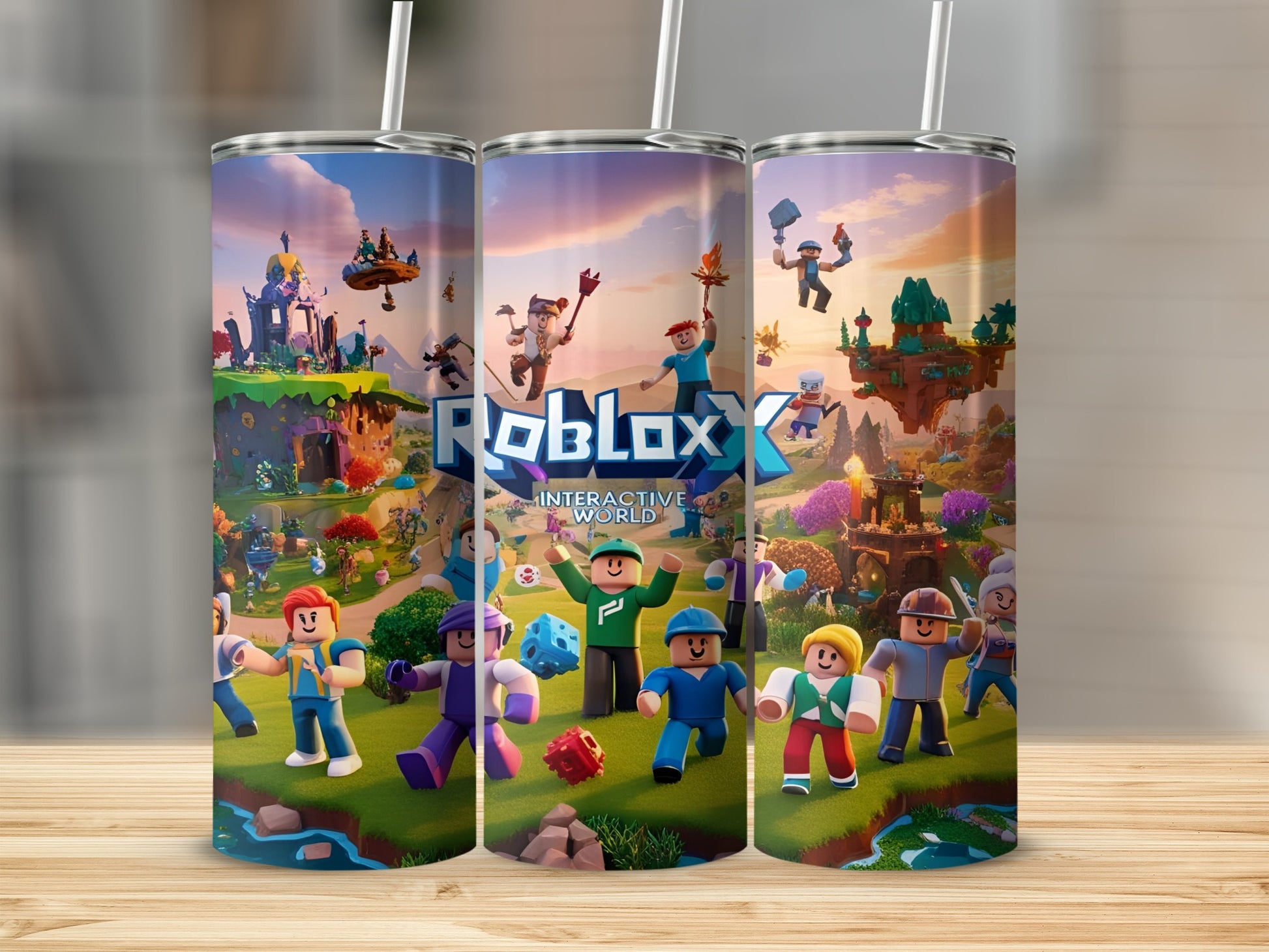 Roblox Interactive World characters and game scene on three tumblers.