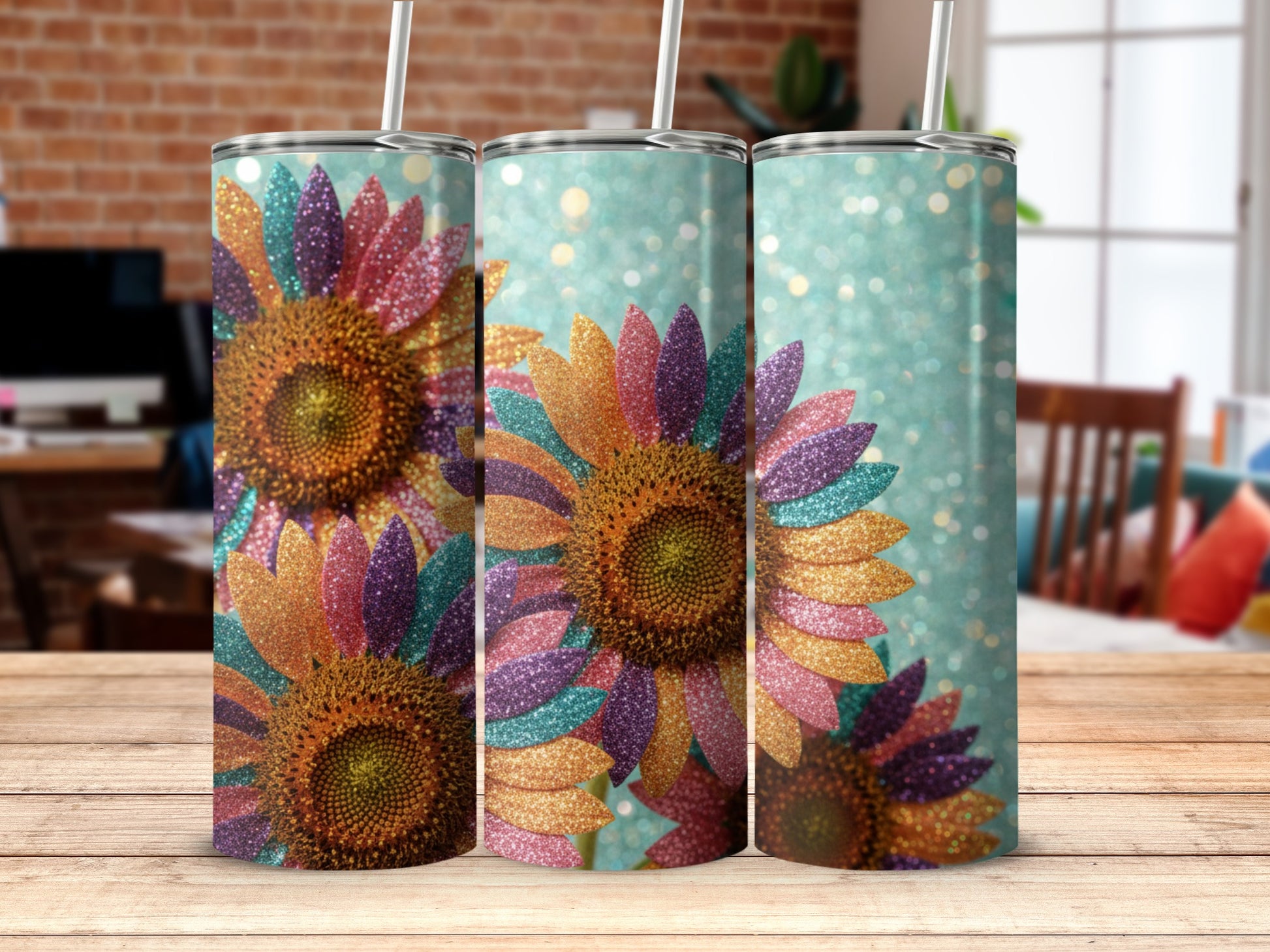 Glittery Sunflower Design Insulated Tumbler Product