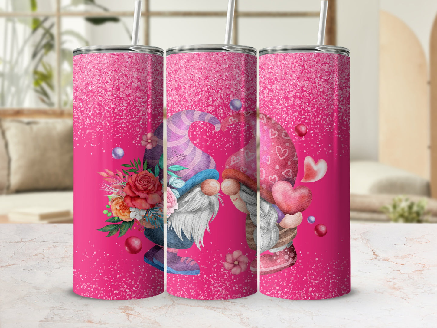 Cute Gnome Couple Tumbler with Pink Glitter Design