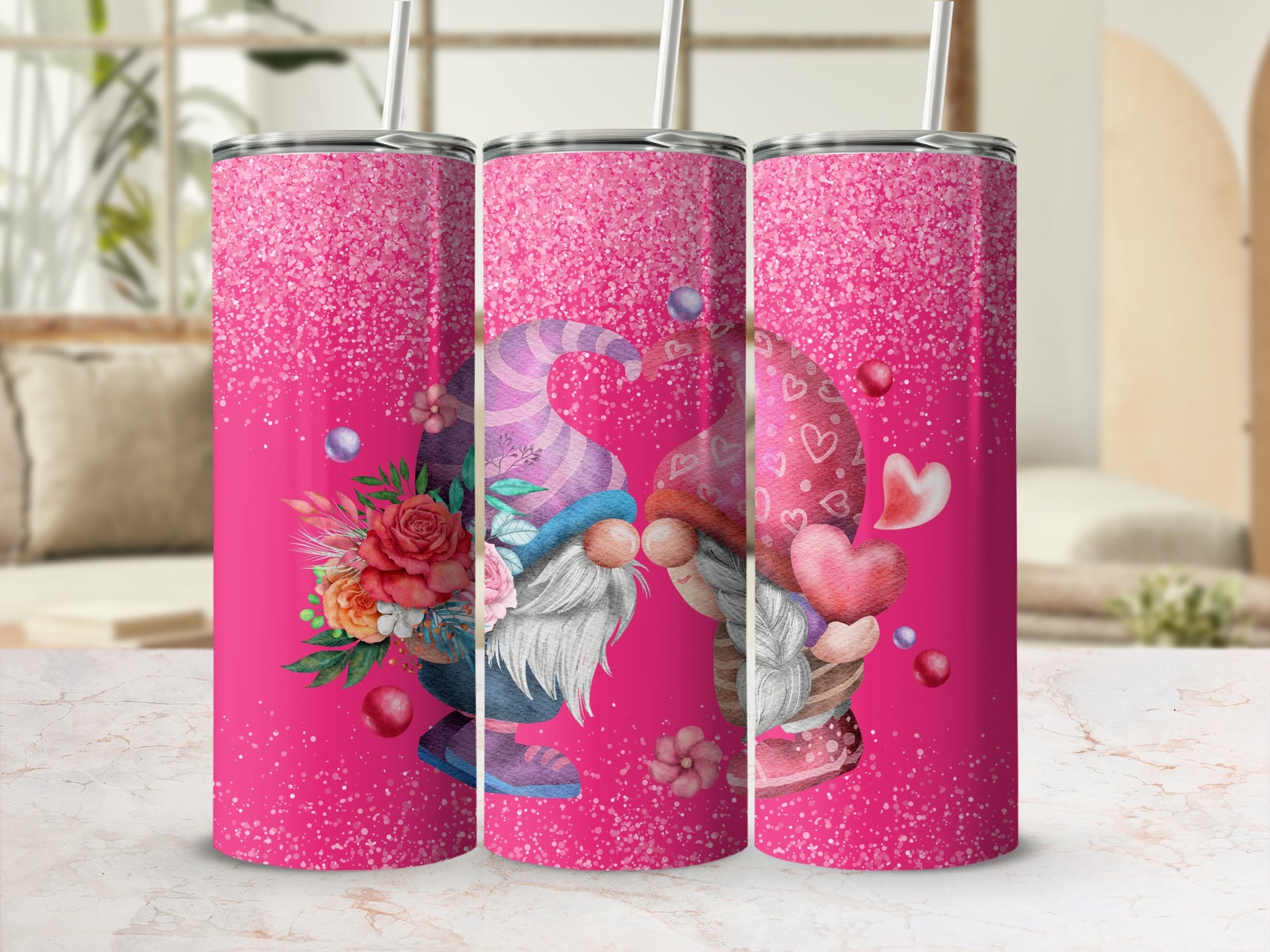 Cute Gnome Couple Tumbler with Pink Glitter Design