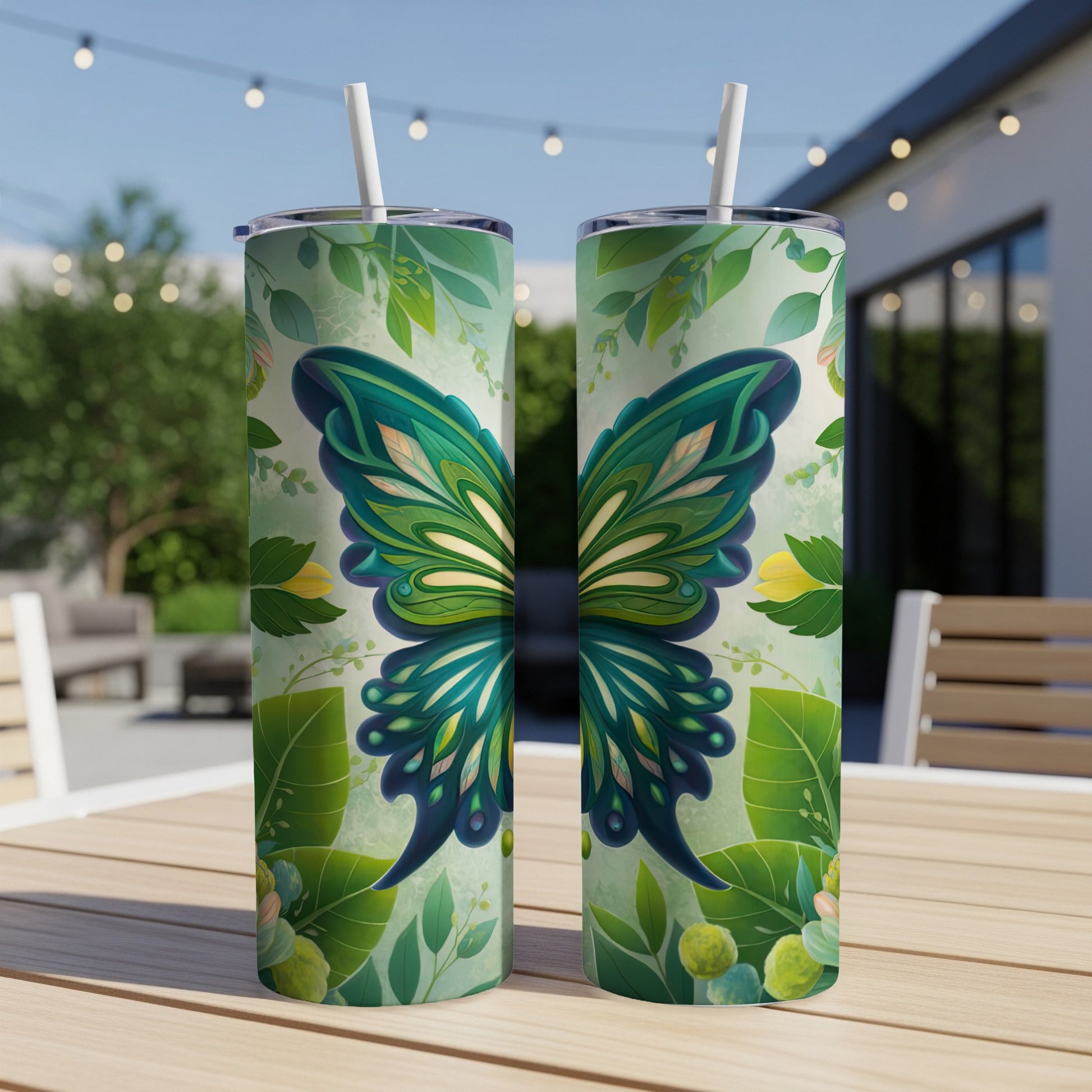 Two green butterfly tumblers with straws, set on a wooden table outdoors.
