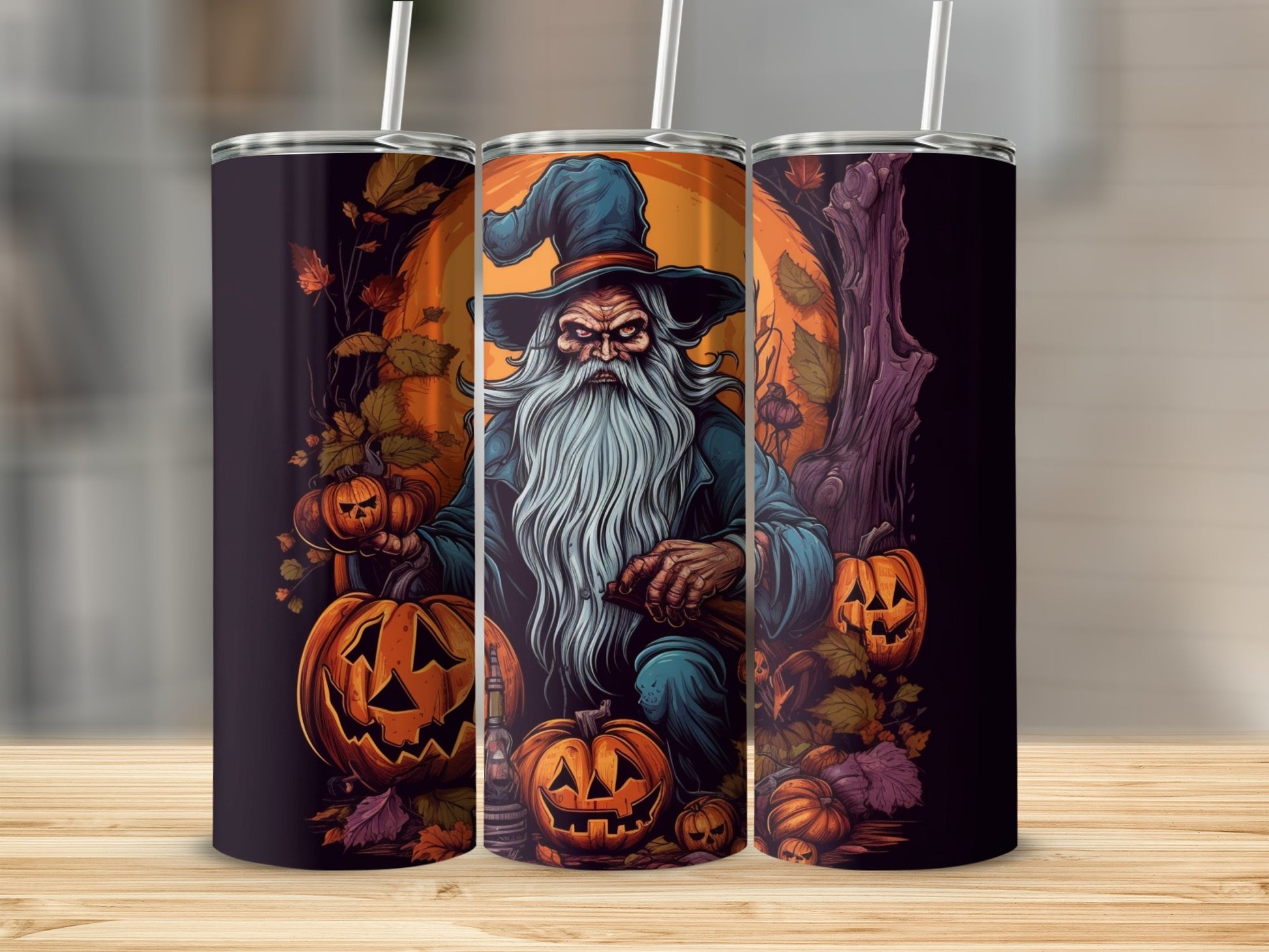 Halloween Wizard and Pumpkins Artwork Tumbler
