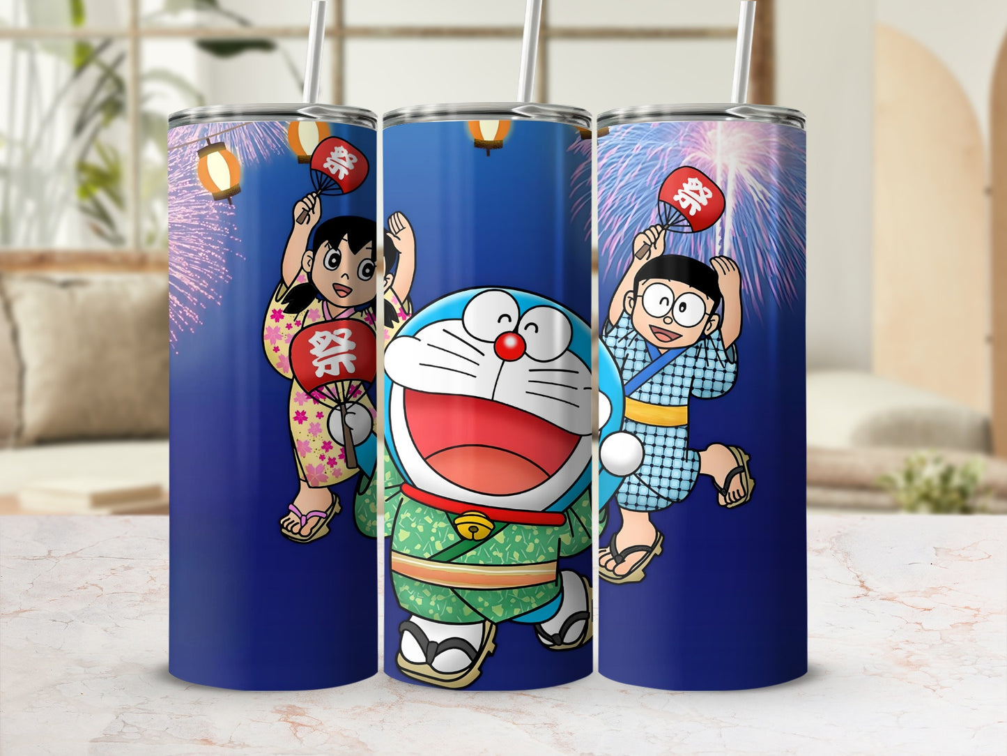 Cartoon Characters with Fireworks Design Tumbler
