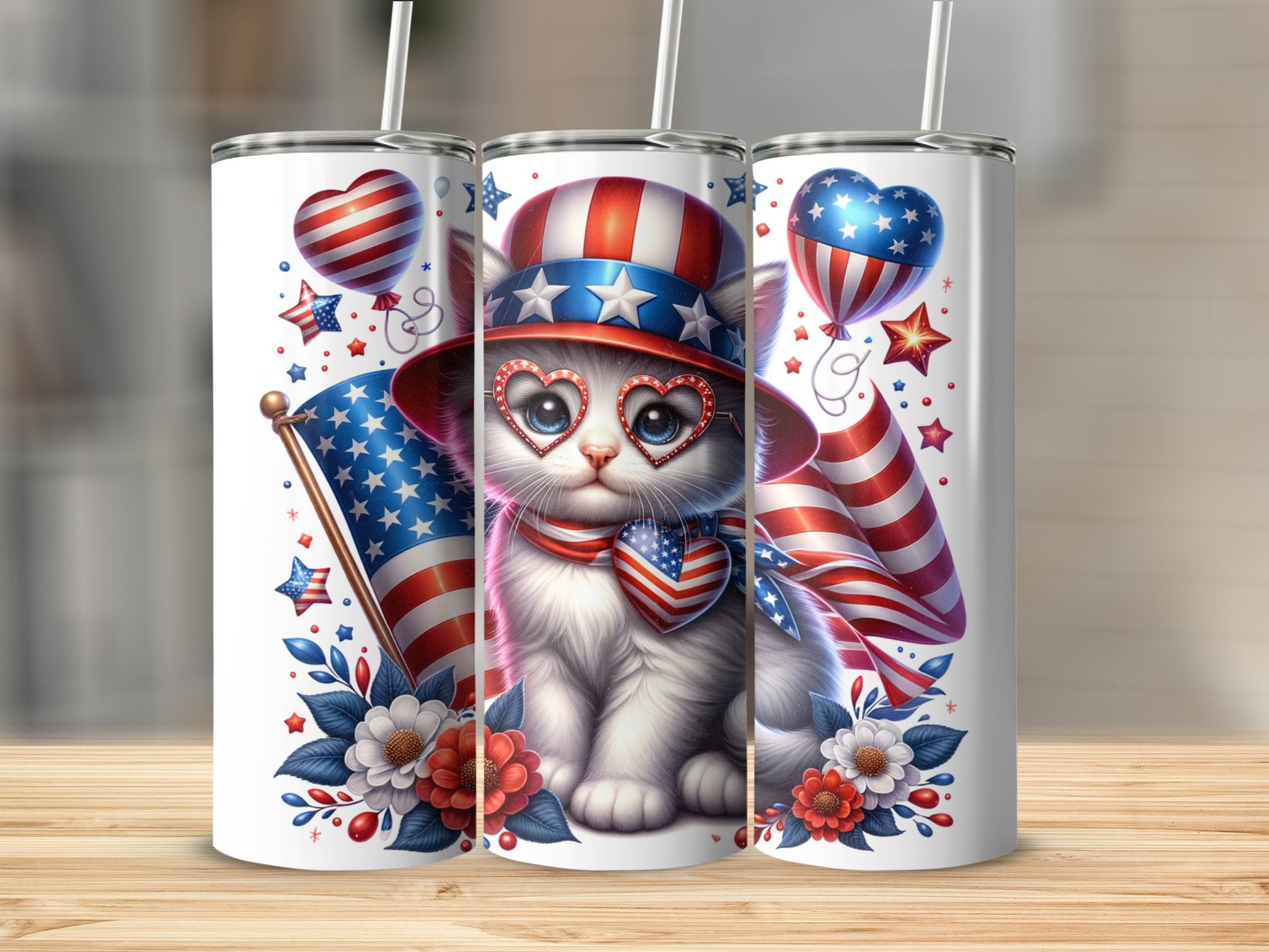 White kitten wearing patriotic hat and heart-shaped glasses, with US flags.