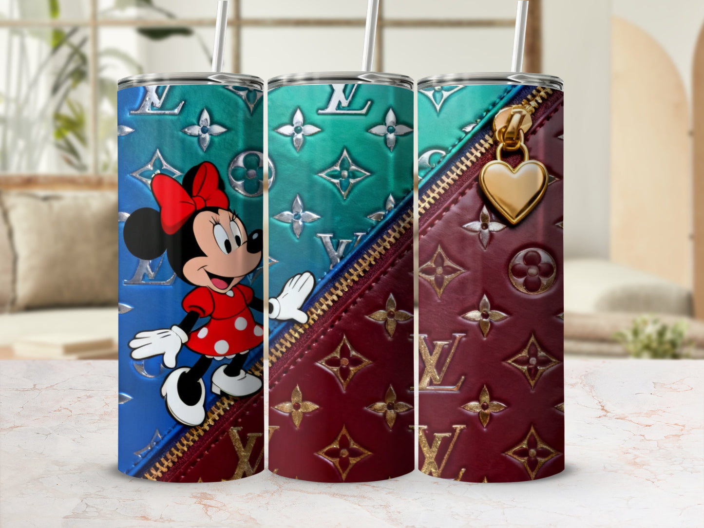 Minnie Mouse and Louis Vuitton monogram on a blue and red tumbler.