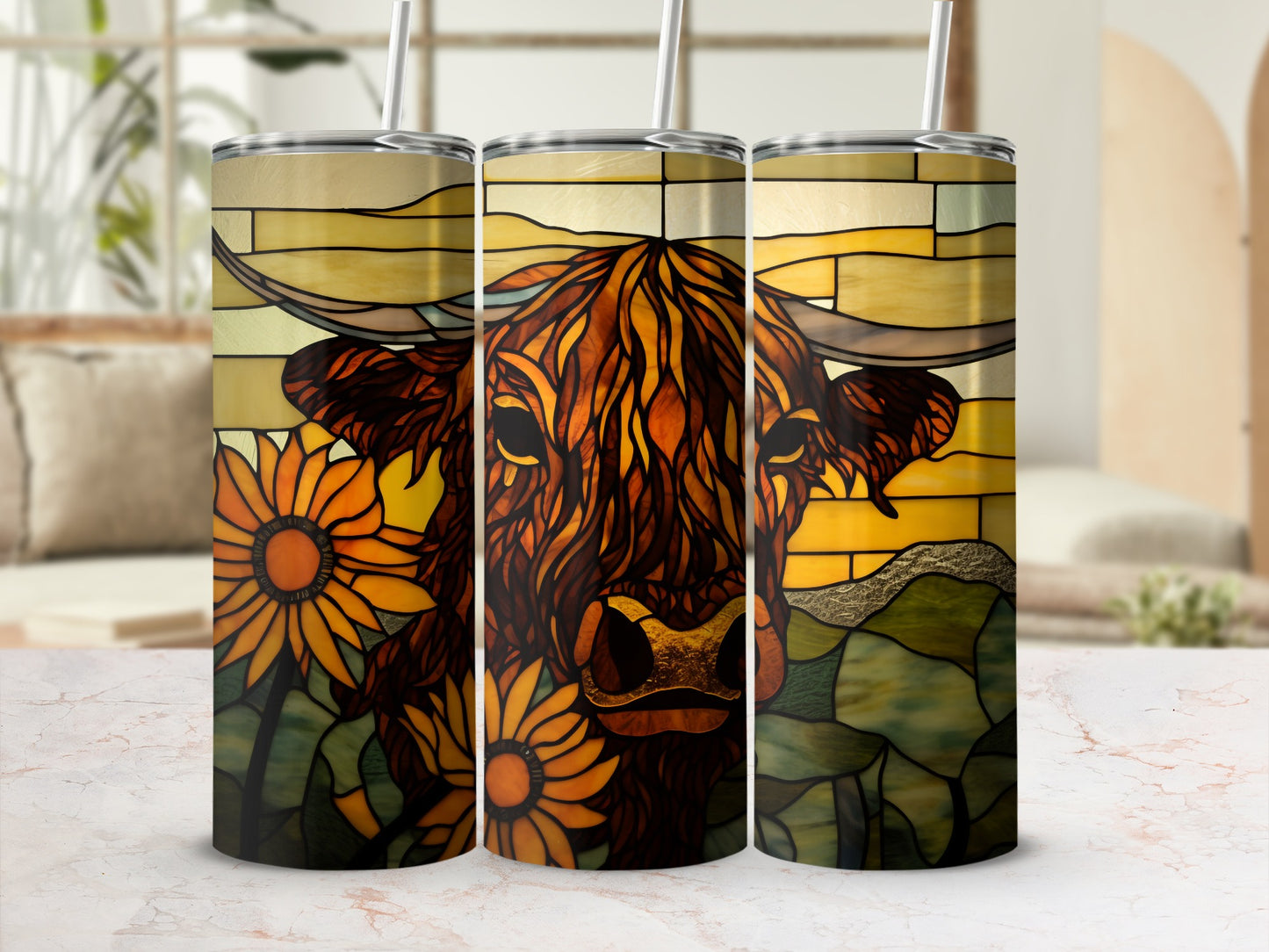Stained glass Highland cow with sunflowers on tumbler.