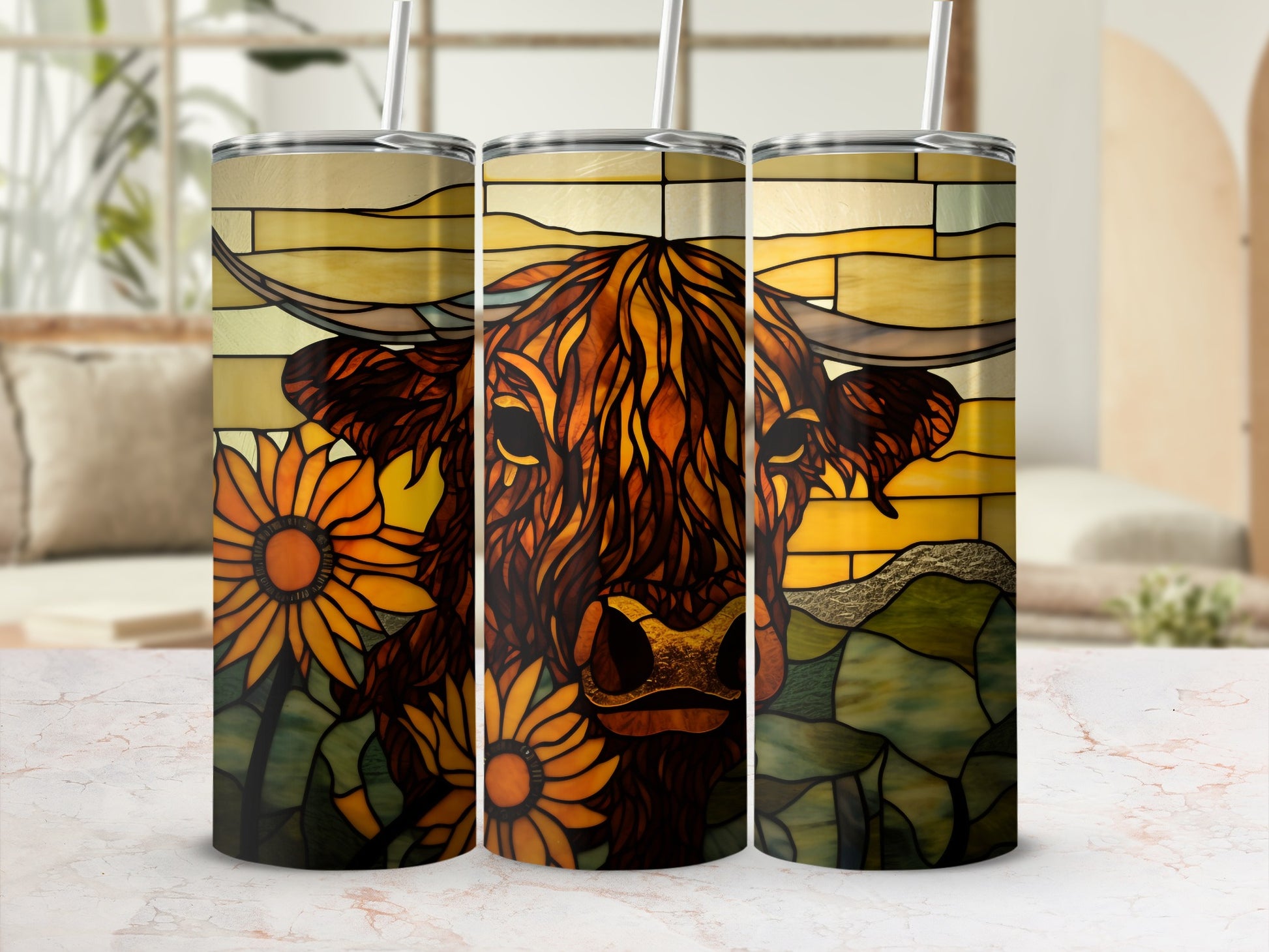 Stained glass Highland cow with sunflowers on tumbler.
