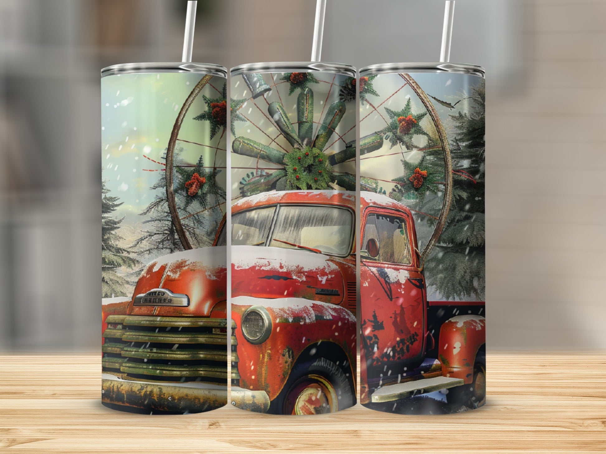 Red vintage truck with Christmas wreath in snowy forest scene.