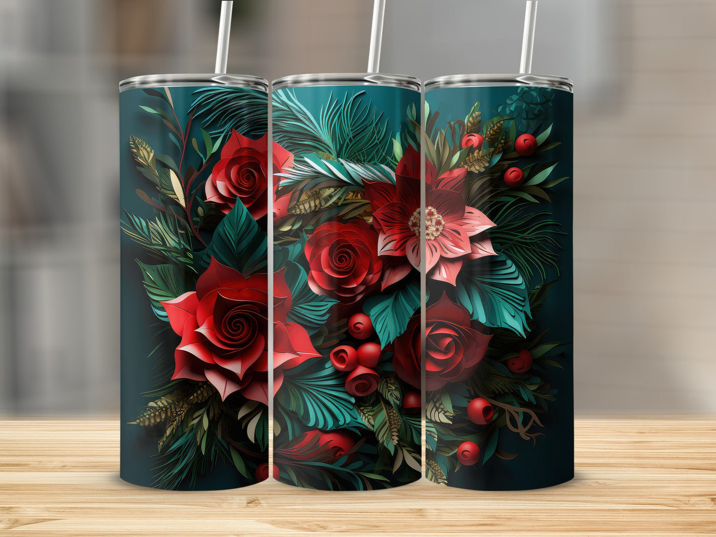 Three tumblers with a floral design of red roses and greenery.