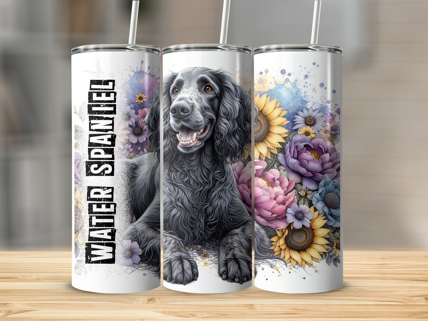 Black cocker spaniel with floral watercolor accents on three tumblers.