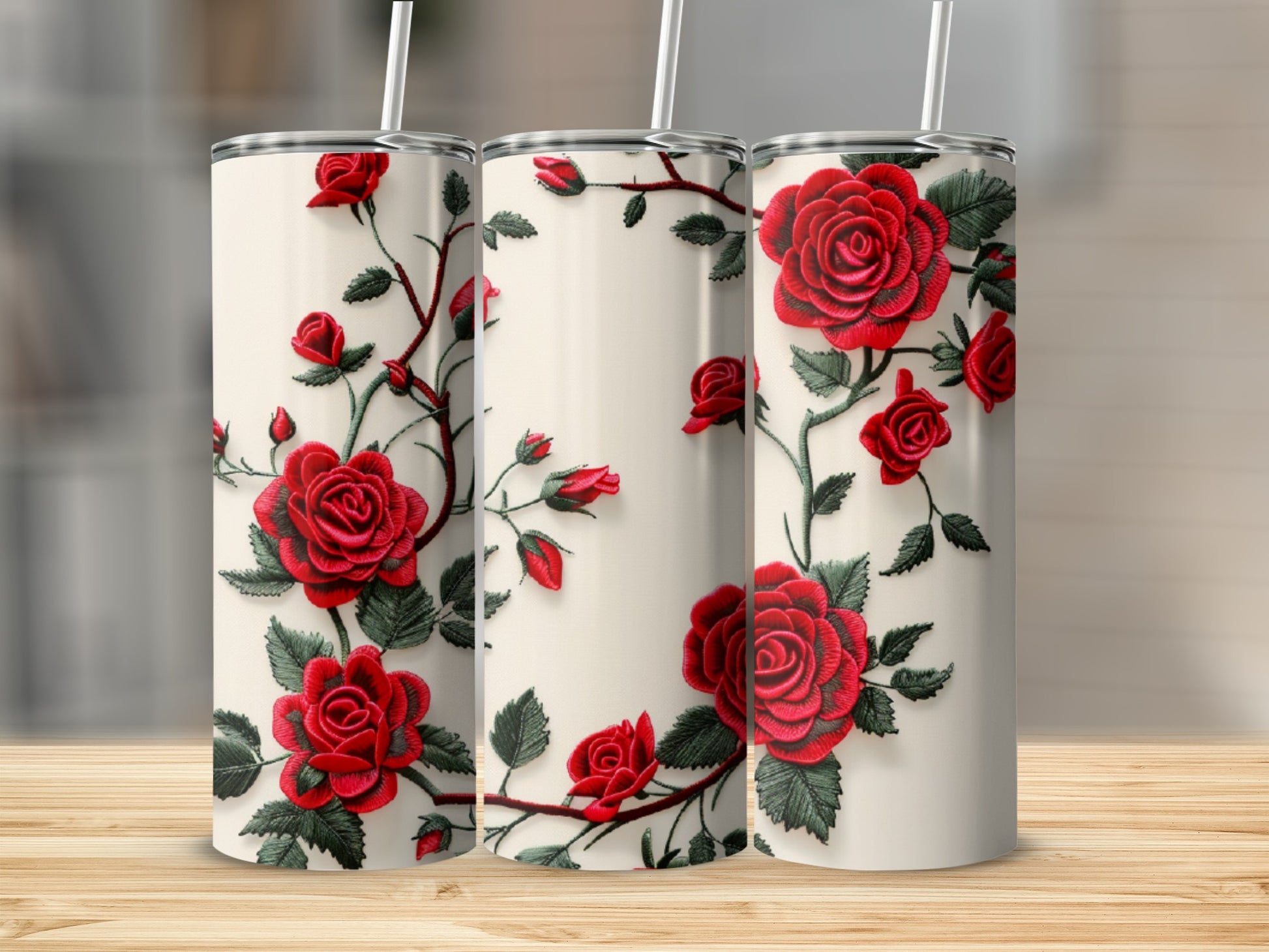 Cream tumbler with realistic red roses and green vines.