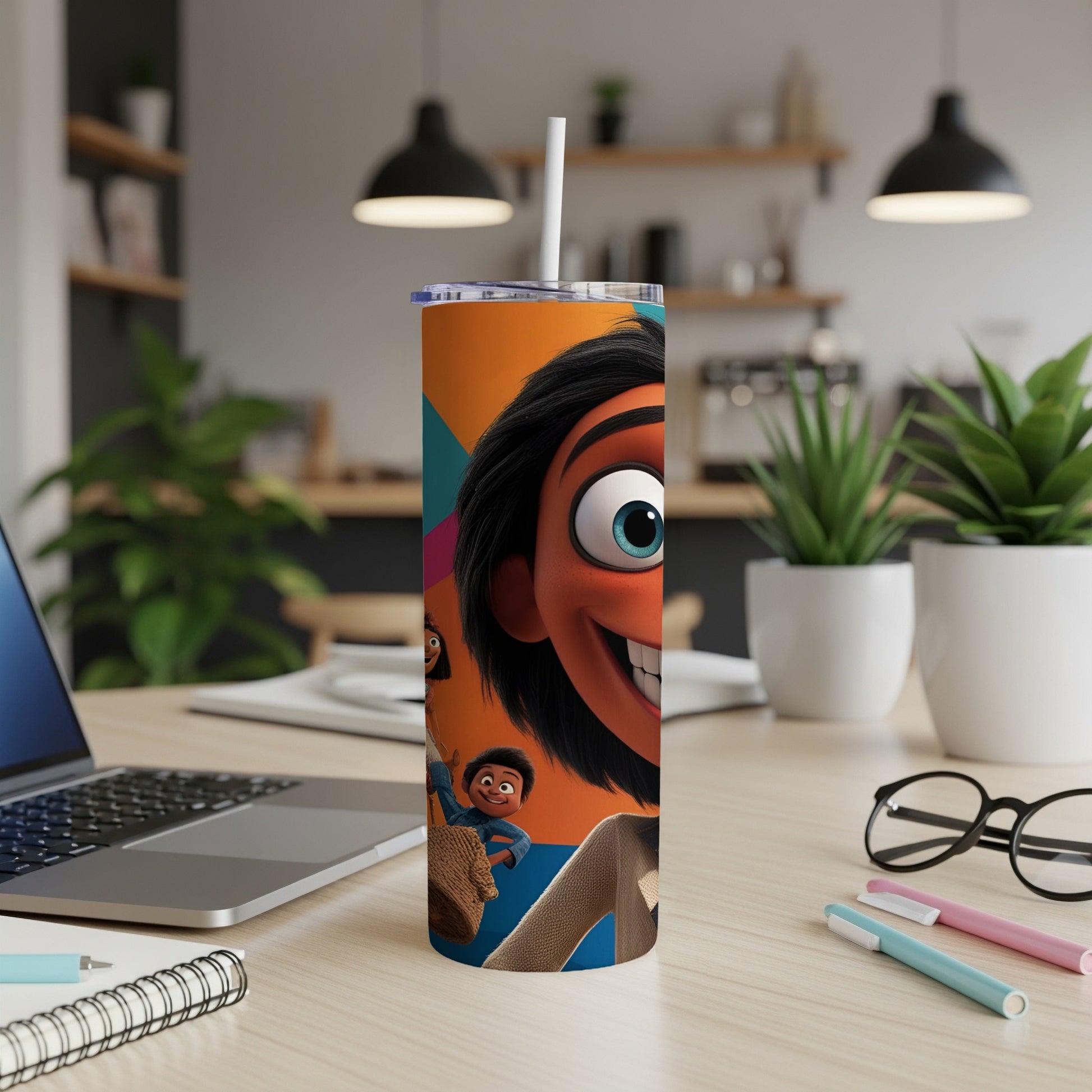 Character illustration on a colorful tumbler with a straw, on a desk.