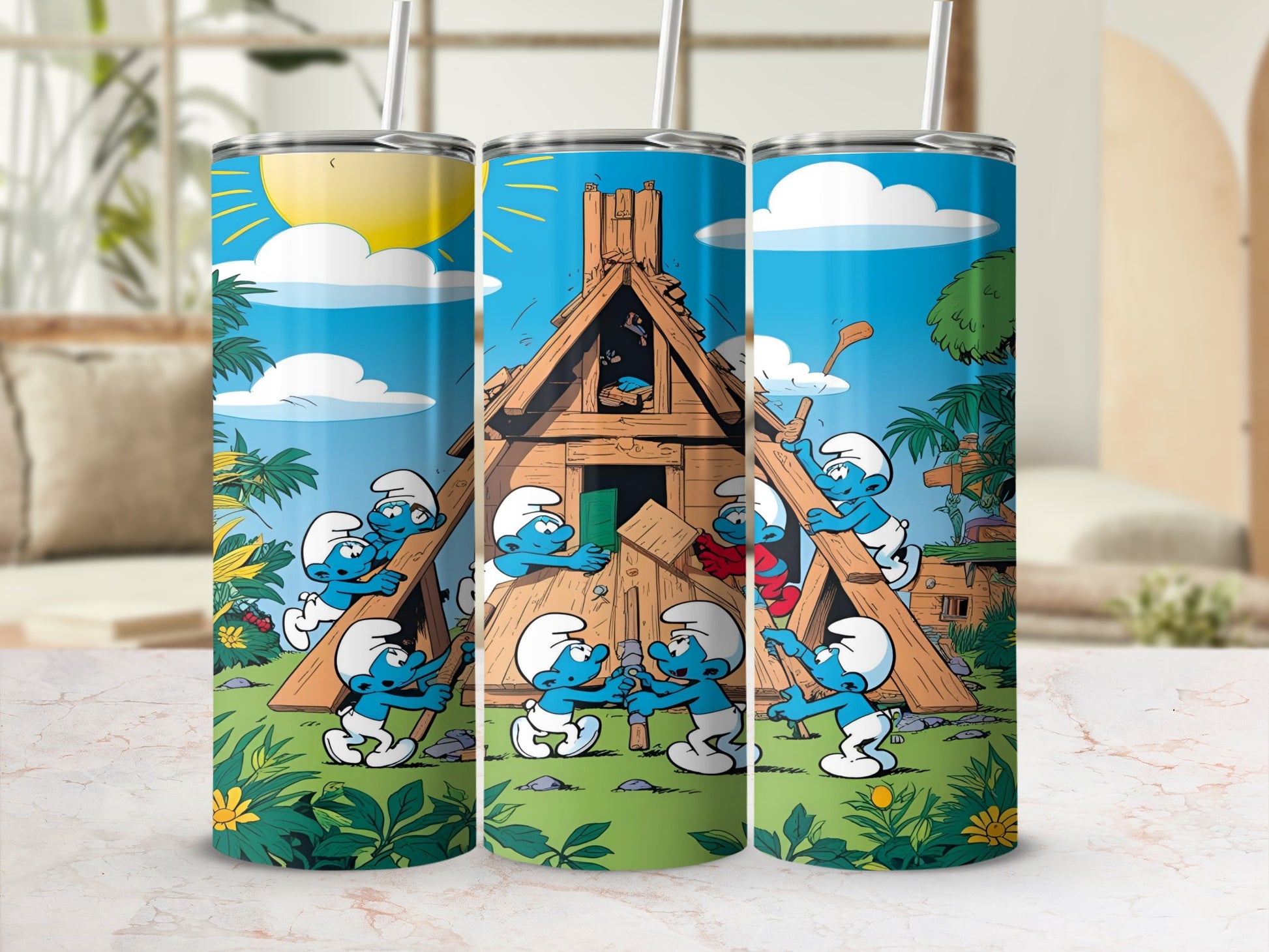Smurfs building a wooden house with a straw roof under a blue sky.