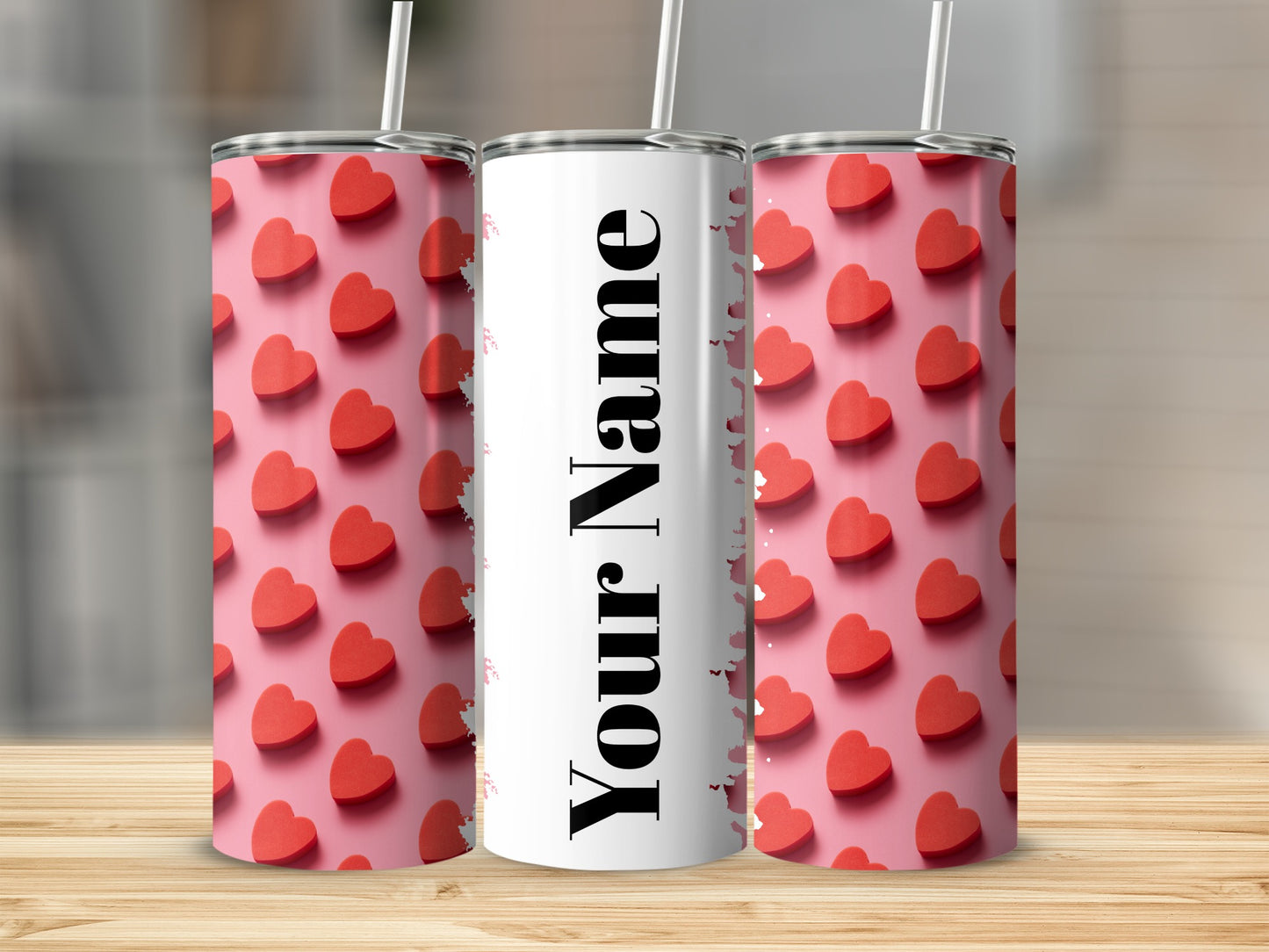 Personalized Hearts Pattern Tumbler Cup Customizable Gift