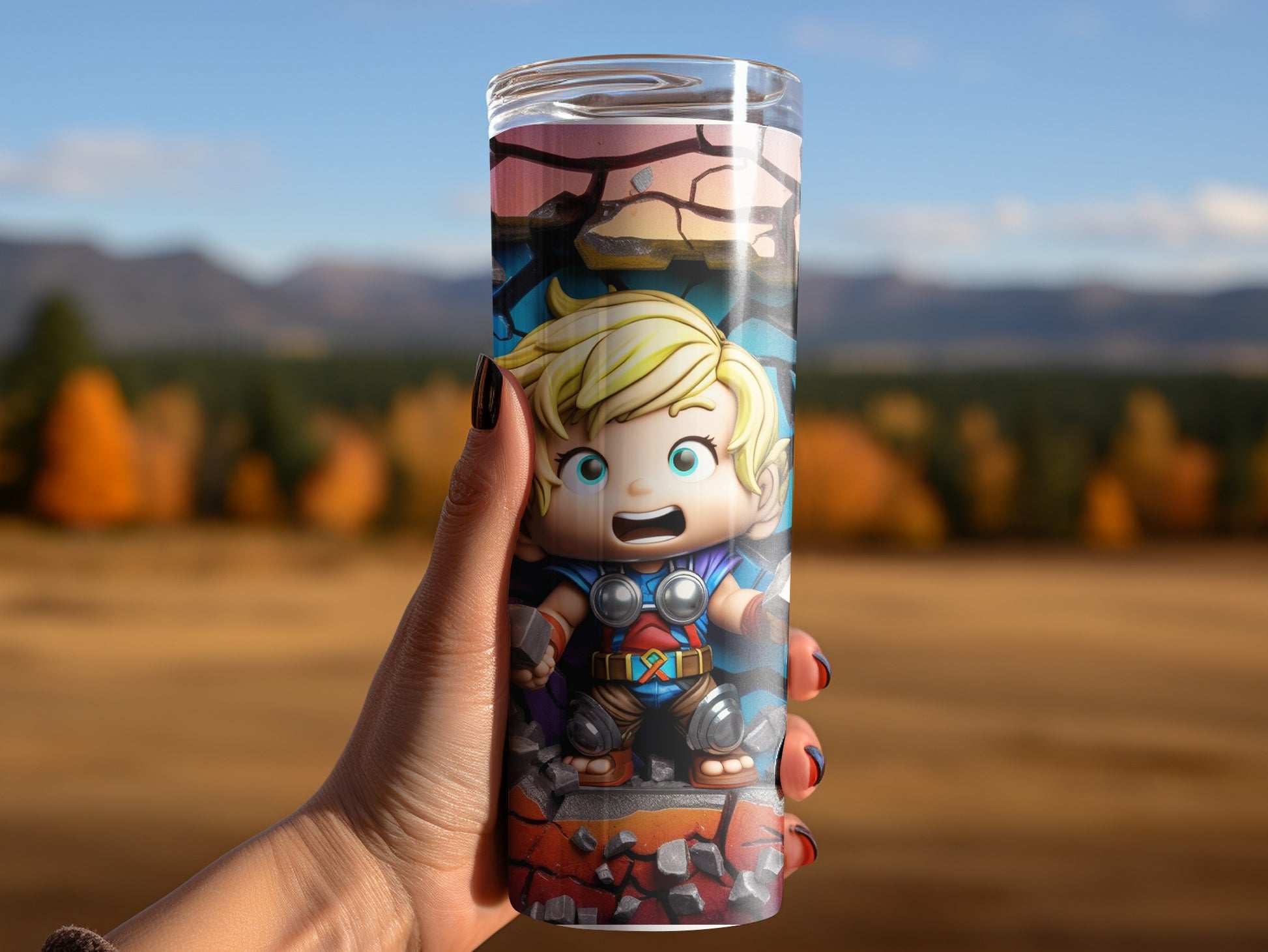 Cartoon Hero Tumbler with Scenic Background Design