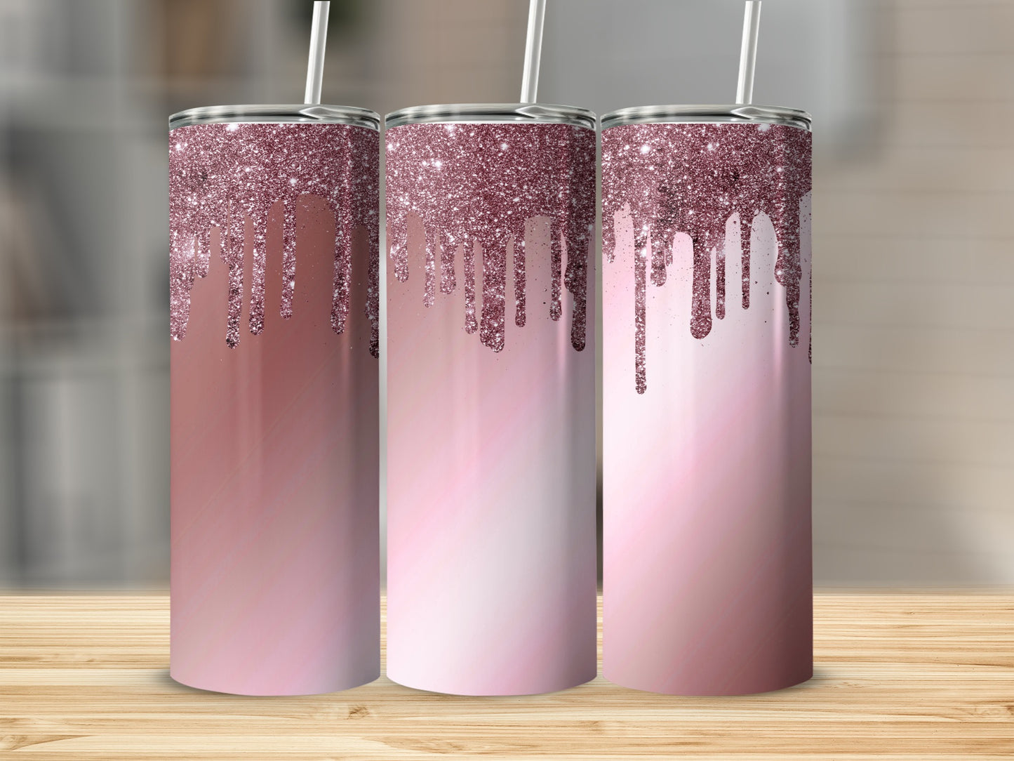 Three tumblers with rose gold glitter drips and gradient pink ombre.