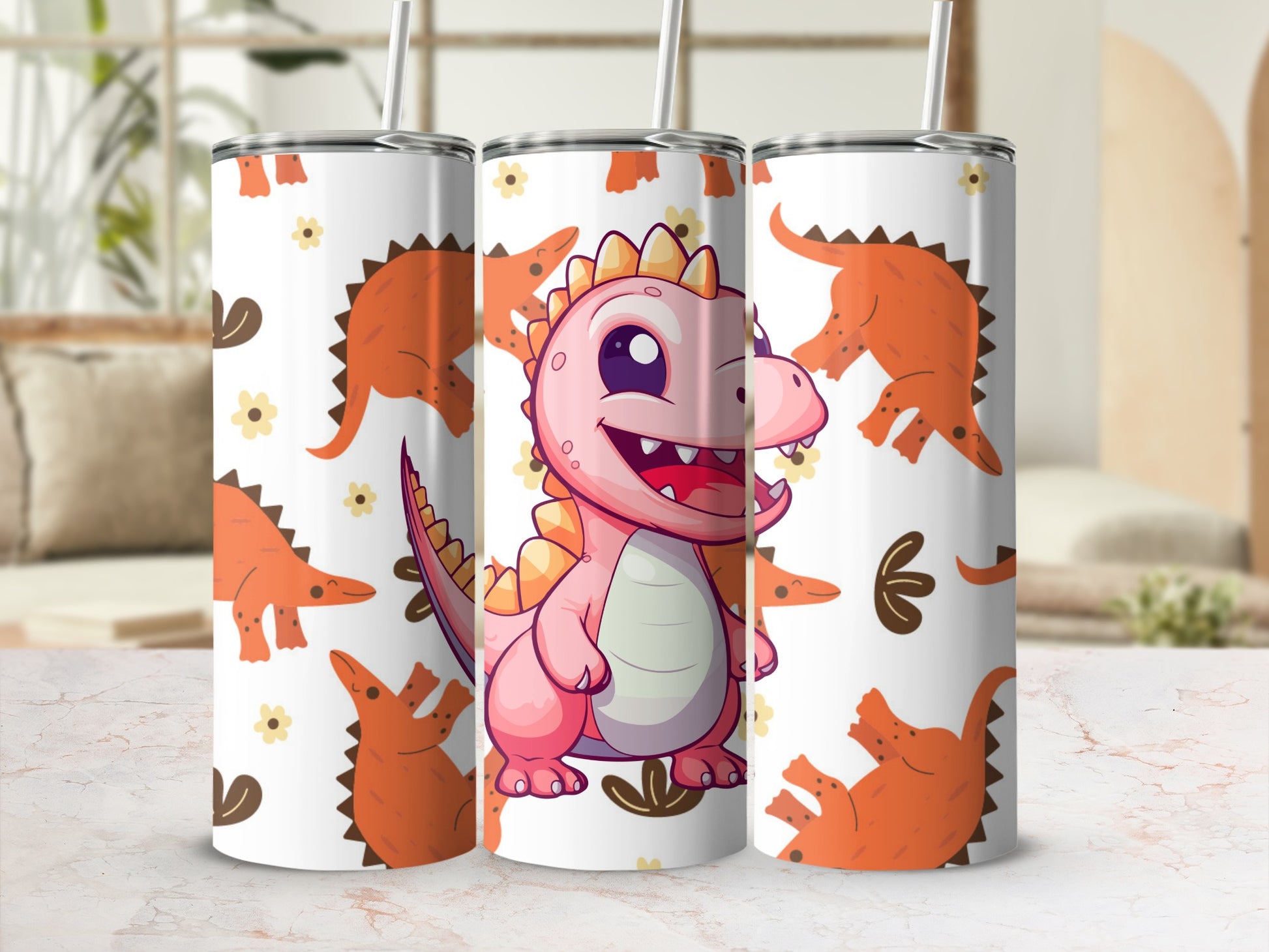 Cute Pink Dinosaur and Orange Friends Tumbler Product