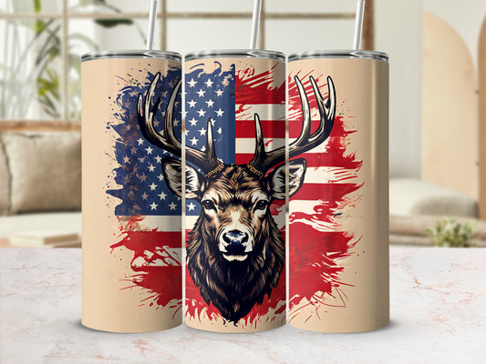 Tumbler with deer silhouette against distressed American flag design.