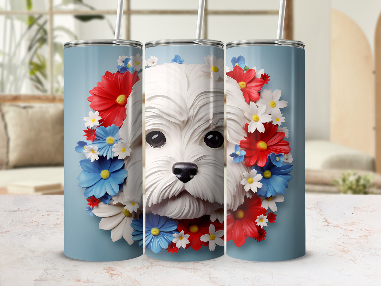 White fluffy dog surrounded by red, white, and blue flowers on a blue tumbler.