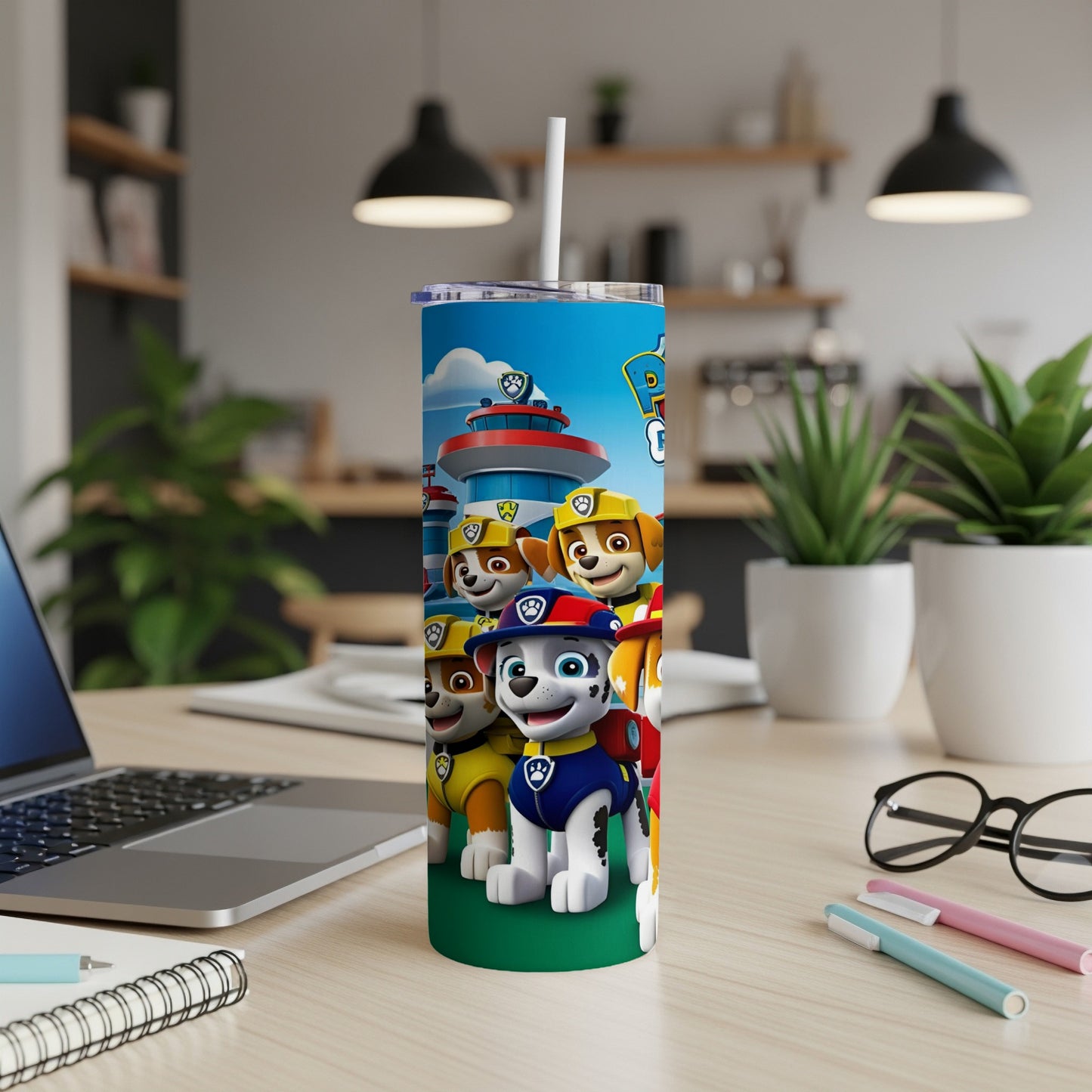 Paw Patrol pups stand in front of a building with a tower.