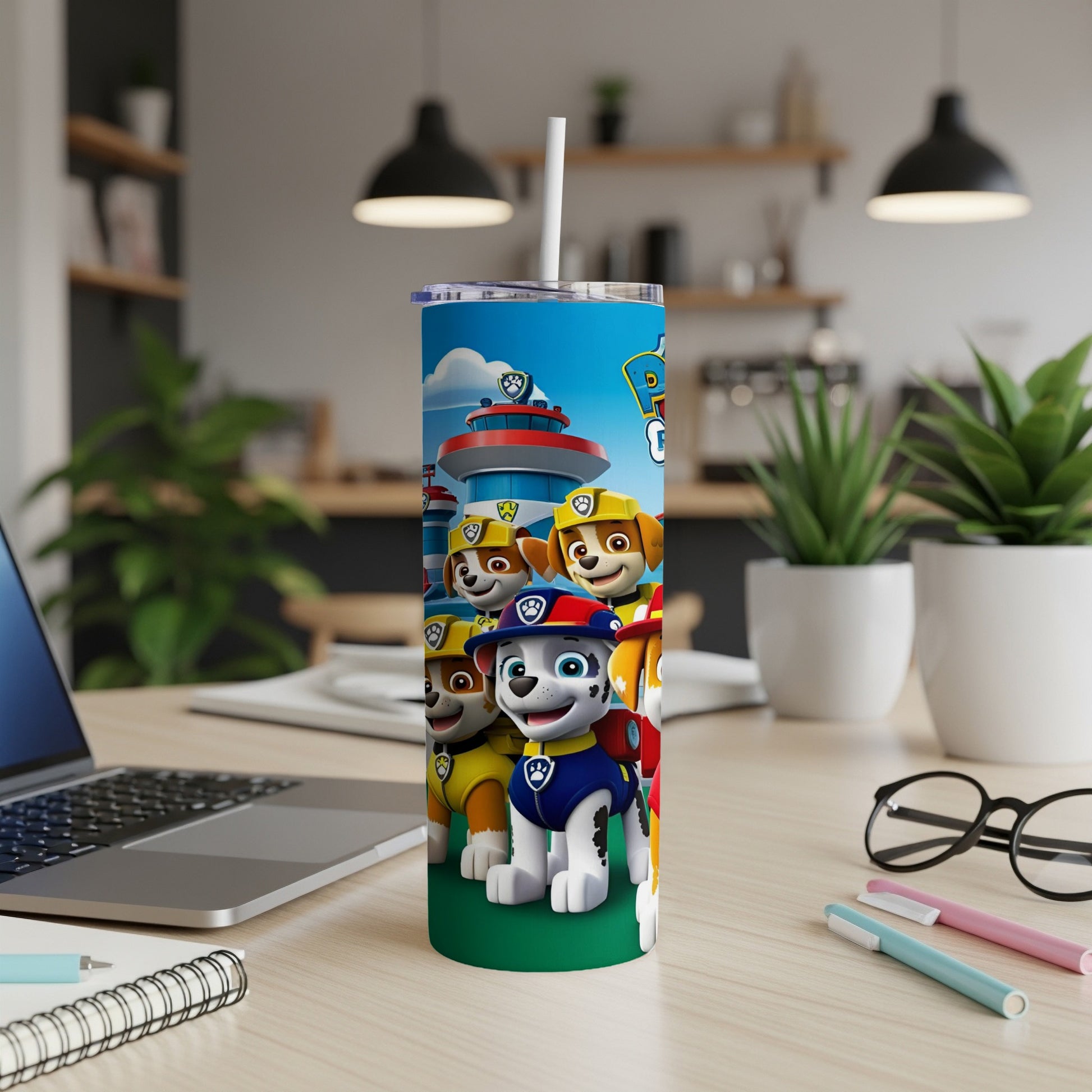Paw Patrol pups stand in front of a building with a tower.