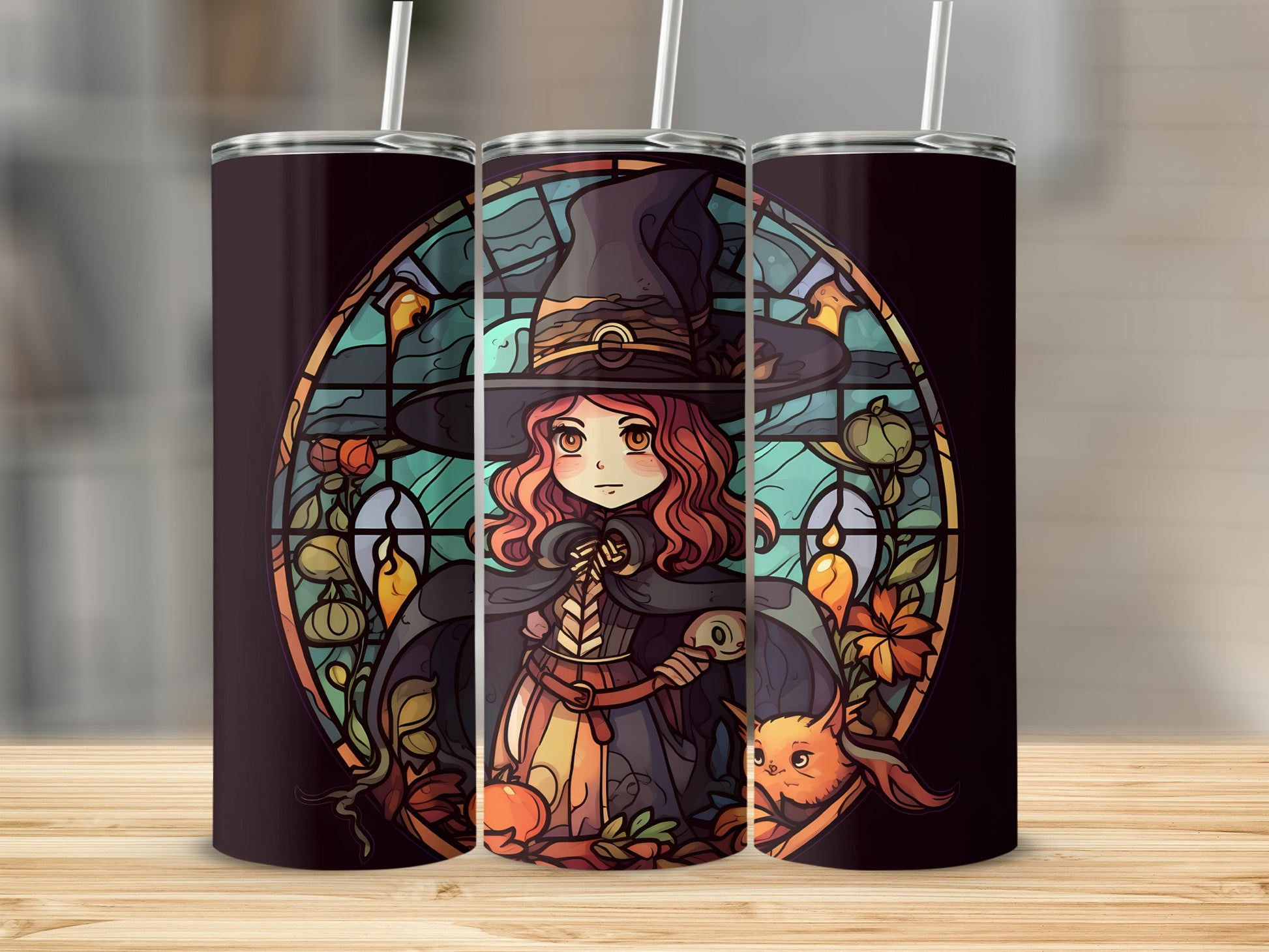 Stained glass style tumbler with witch and cat design.