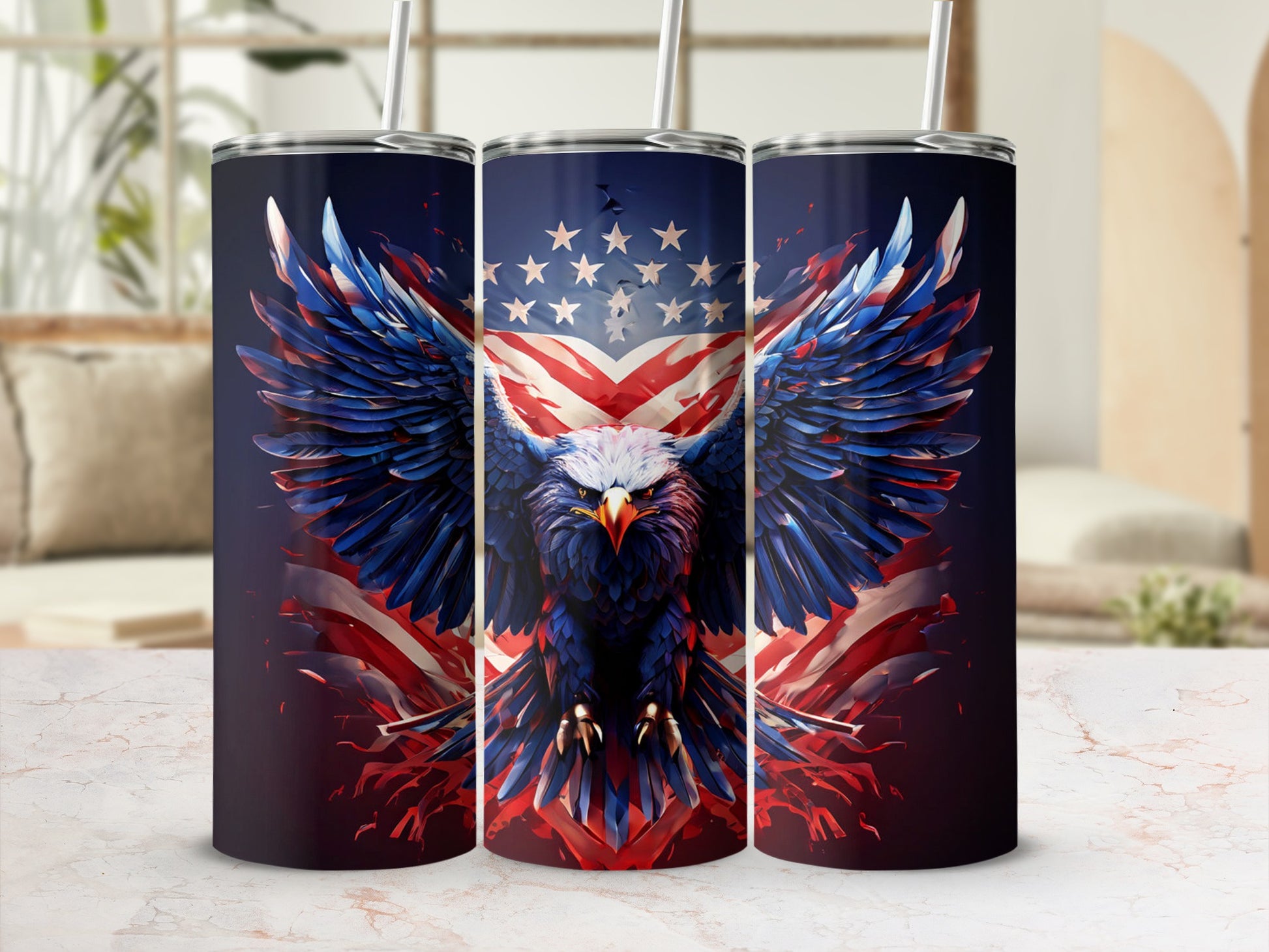Eagle with American flag wings on patriotic tumbler.