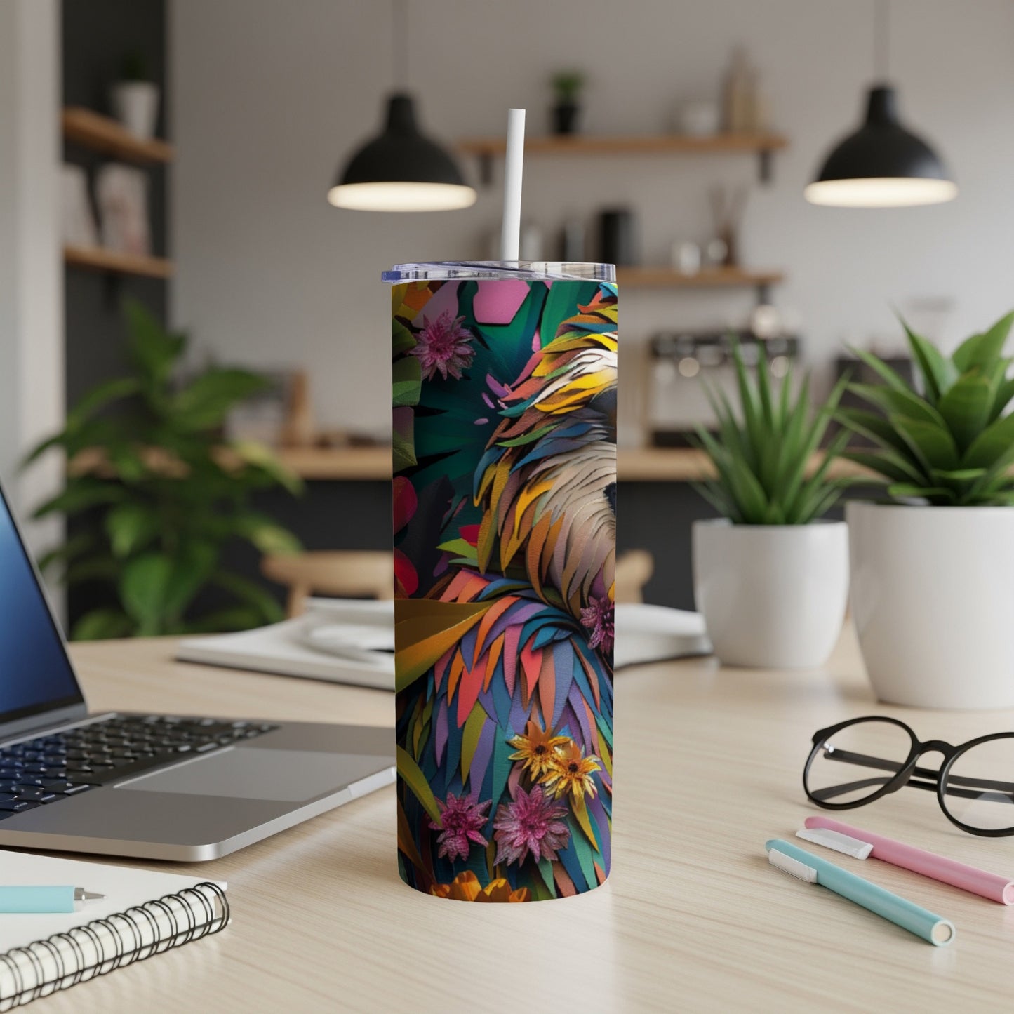 Tall tumbler with colorful tropical bird and floral design.