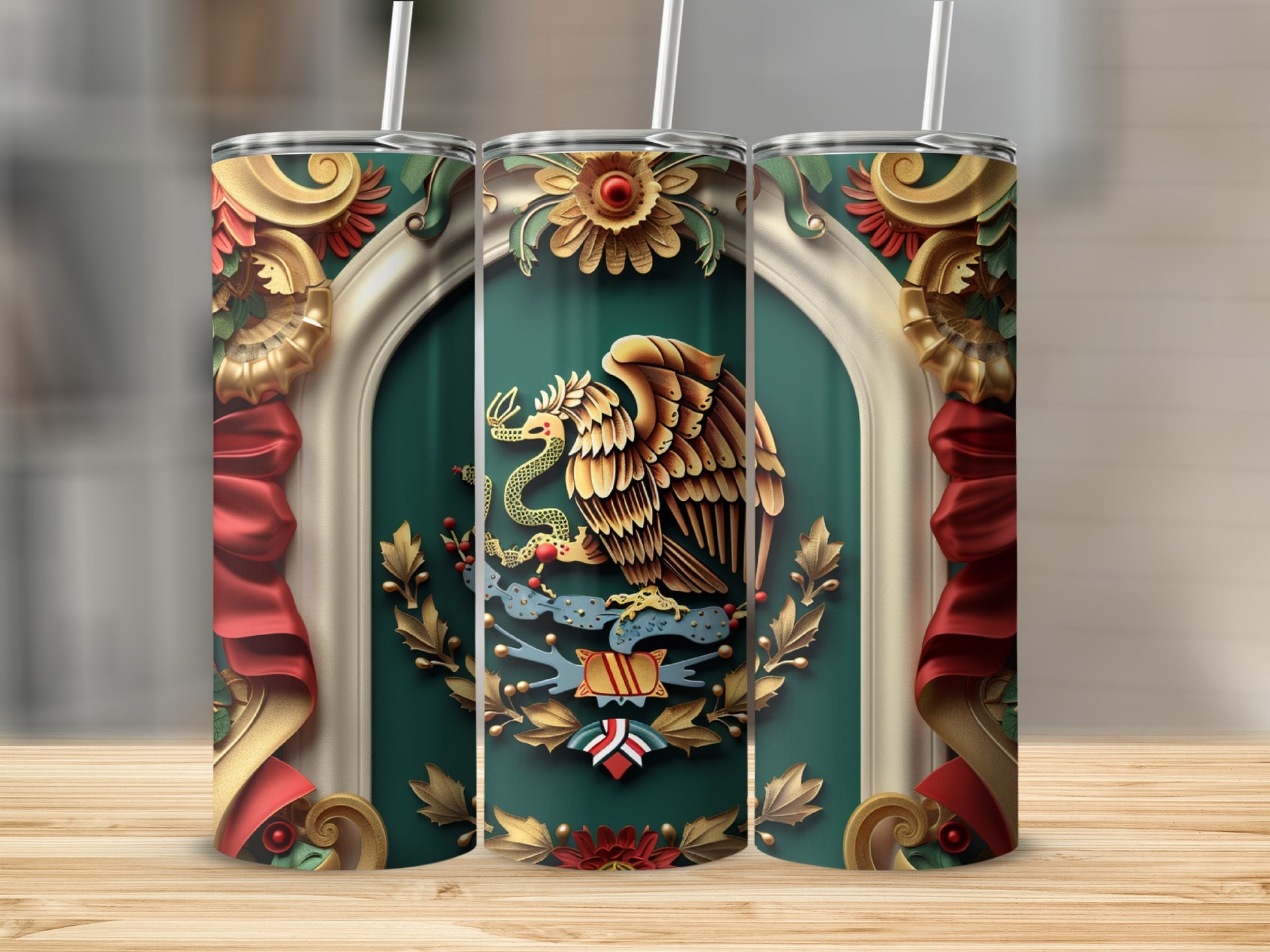 Triptych of tumblers featuring the Mexican coat of arms on a green background.