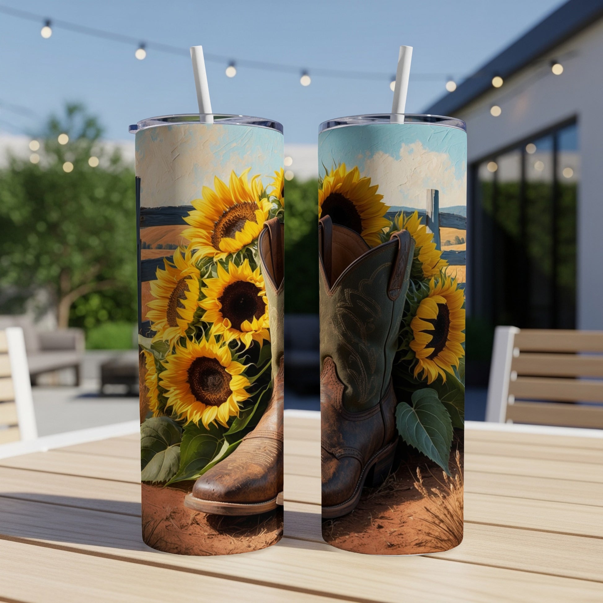 Cowboy boot and sunflowers on a rustic tumbler.