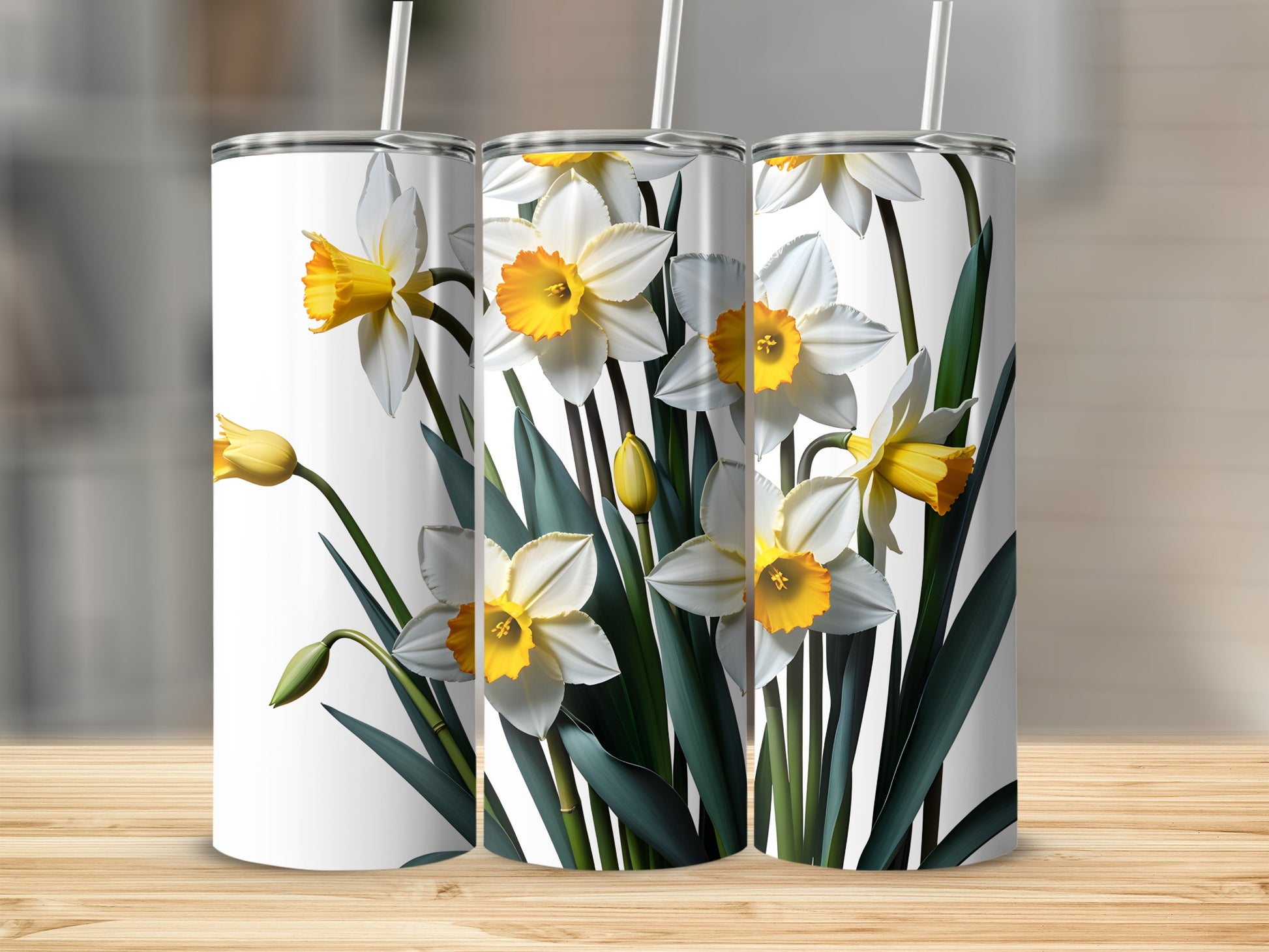 Three white tumblers with blooming daffodils and green leaves.