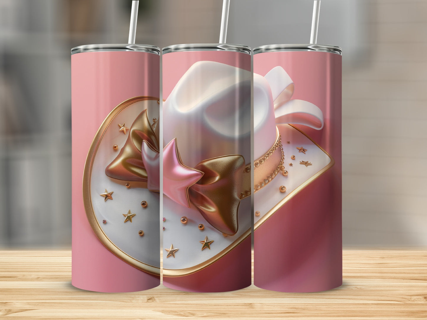 Pink tumbler with cowboy hat design, gold stars, and bows.