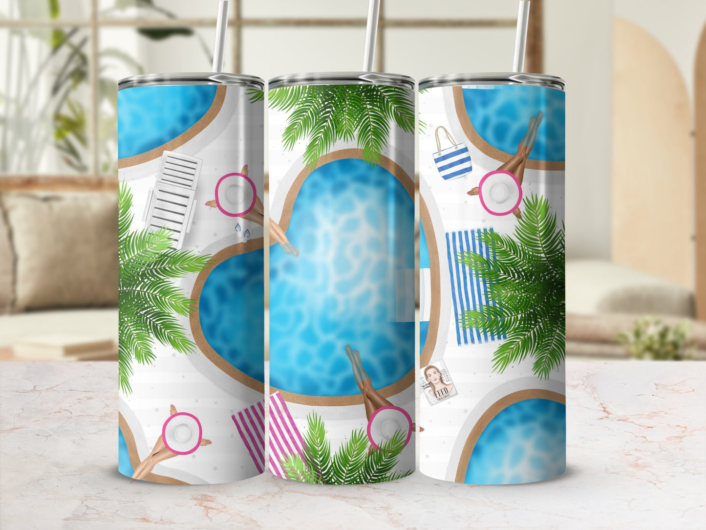 Three tumblers with a pool and palm tree pattern.