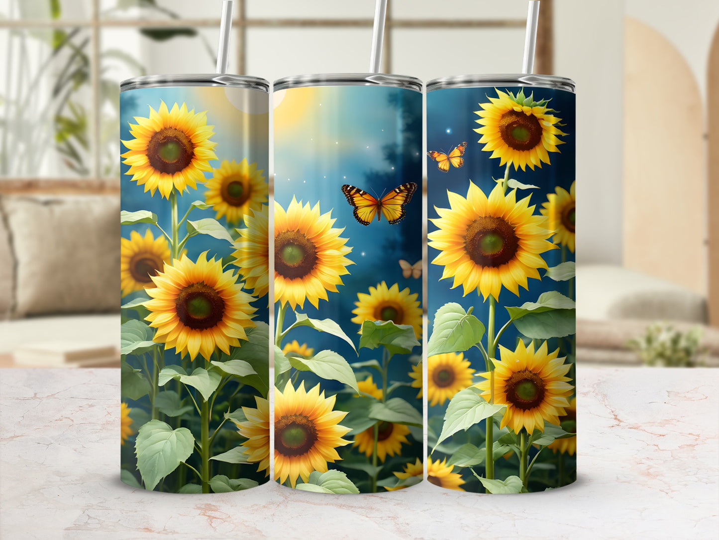 Sunflower tumbler with butterflies and bright sun.