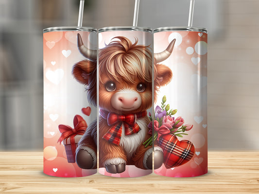 Adorable Highland Cow with Flowers and Hearts Tumbler