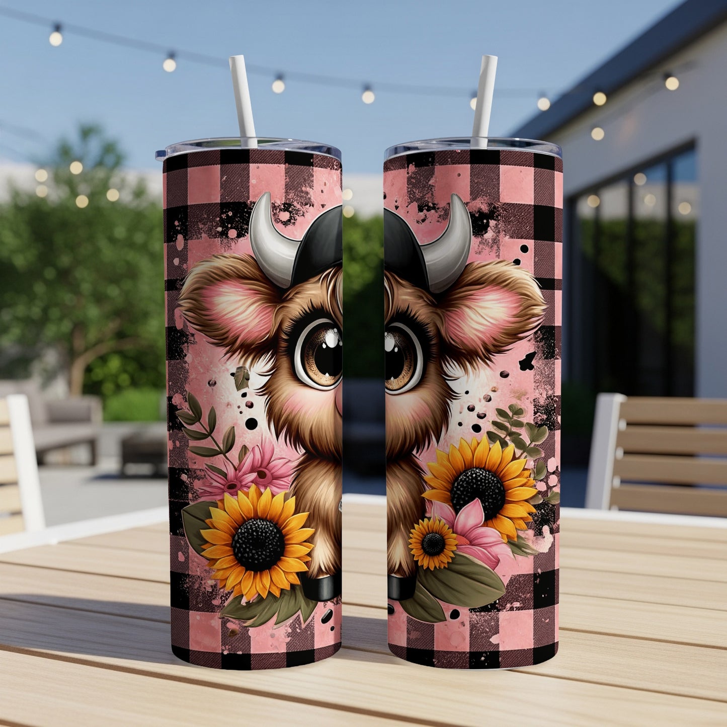 Cow character with sunflowers on buffalo plaid tumbler.