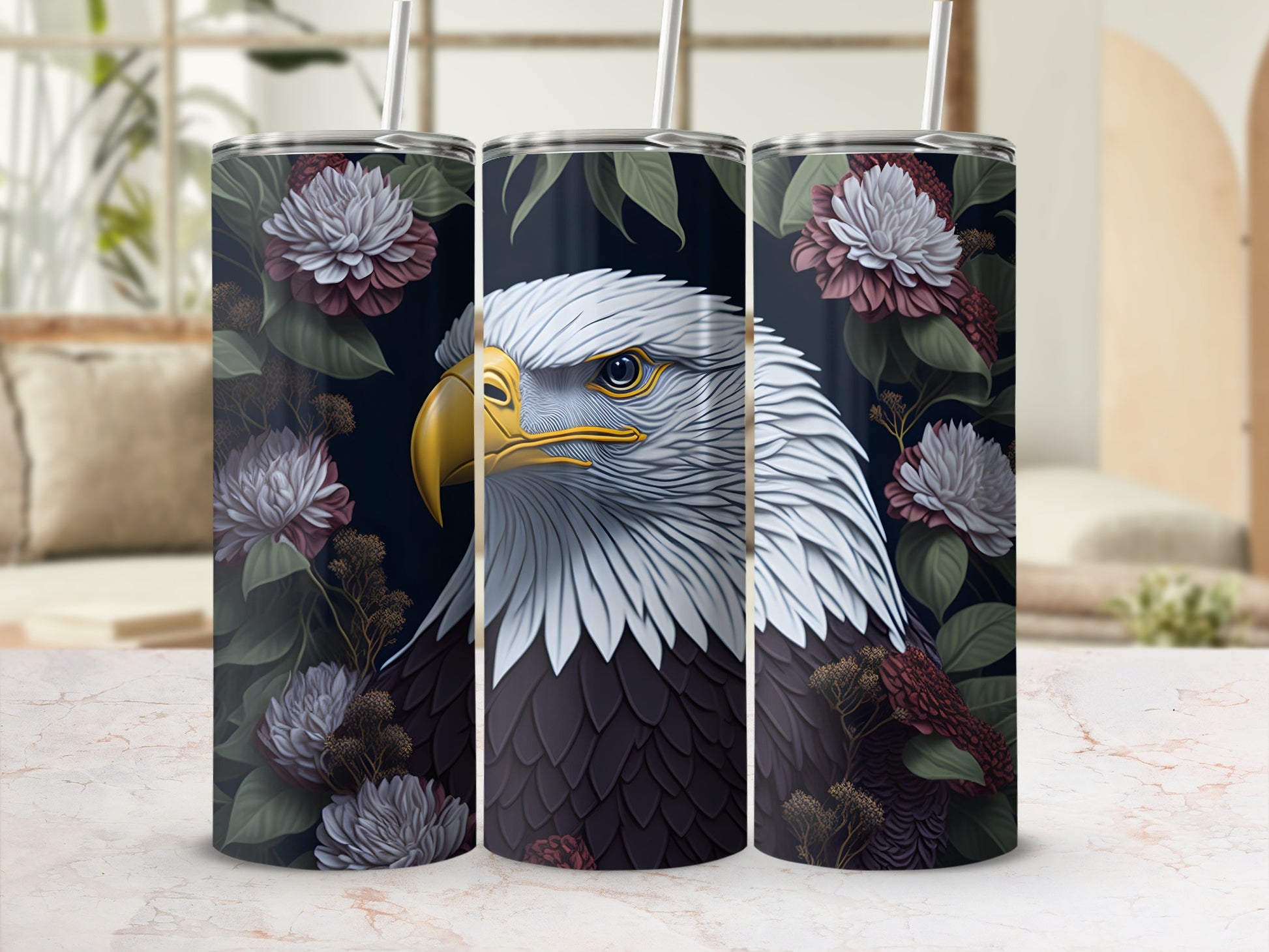 Eagle portrait with dark floral pattern on a tumbler.