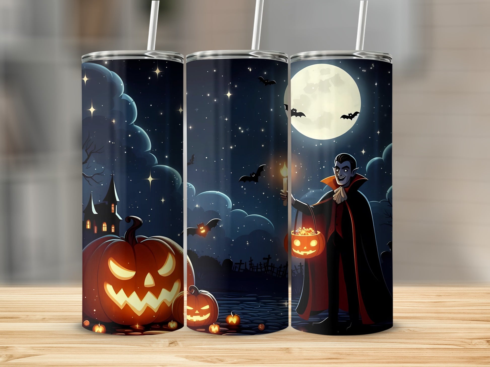 Halloween tumbler with vampire, jack-o'-lanterns, haunted castle, and bats under a full moon.