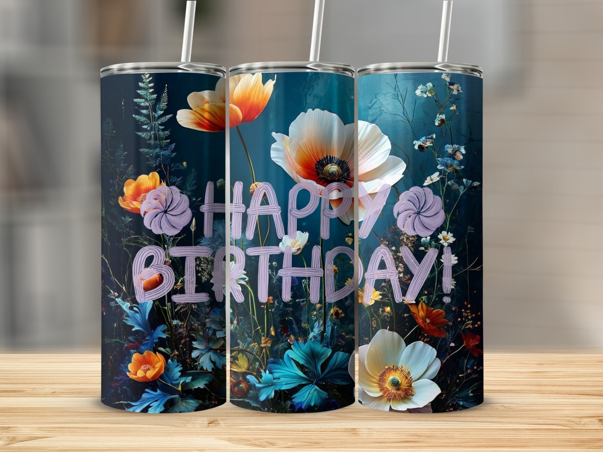 Floral birthday tumbler with "HAPPY BIRTHDAY!" text.