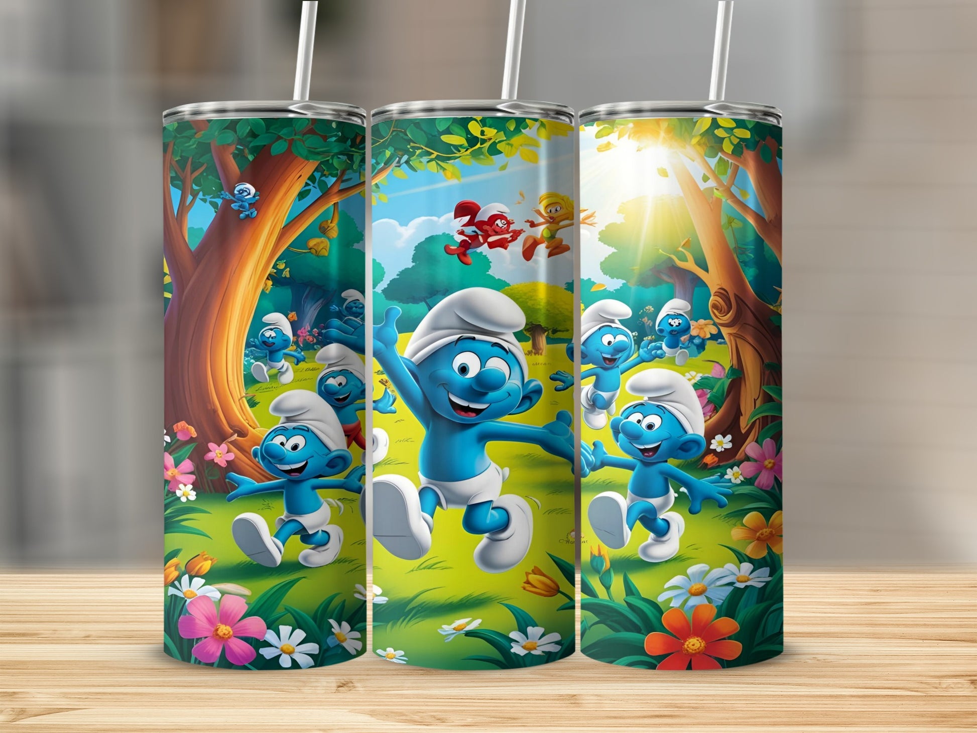 Smurfs dancing in a sunny forest with colorful flowers.