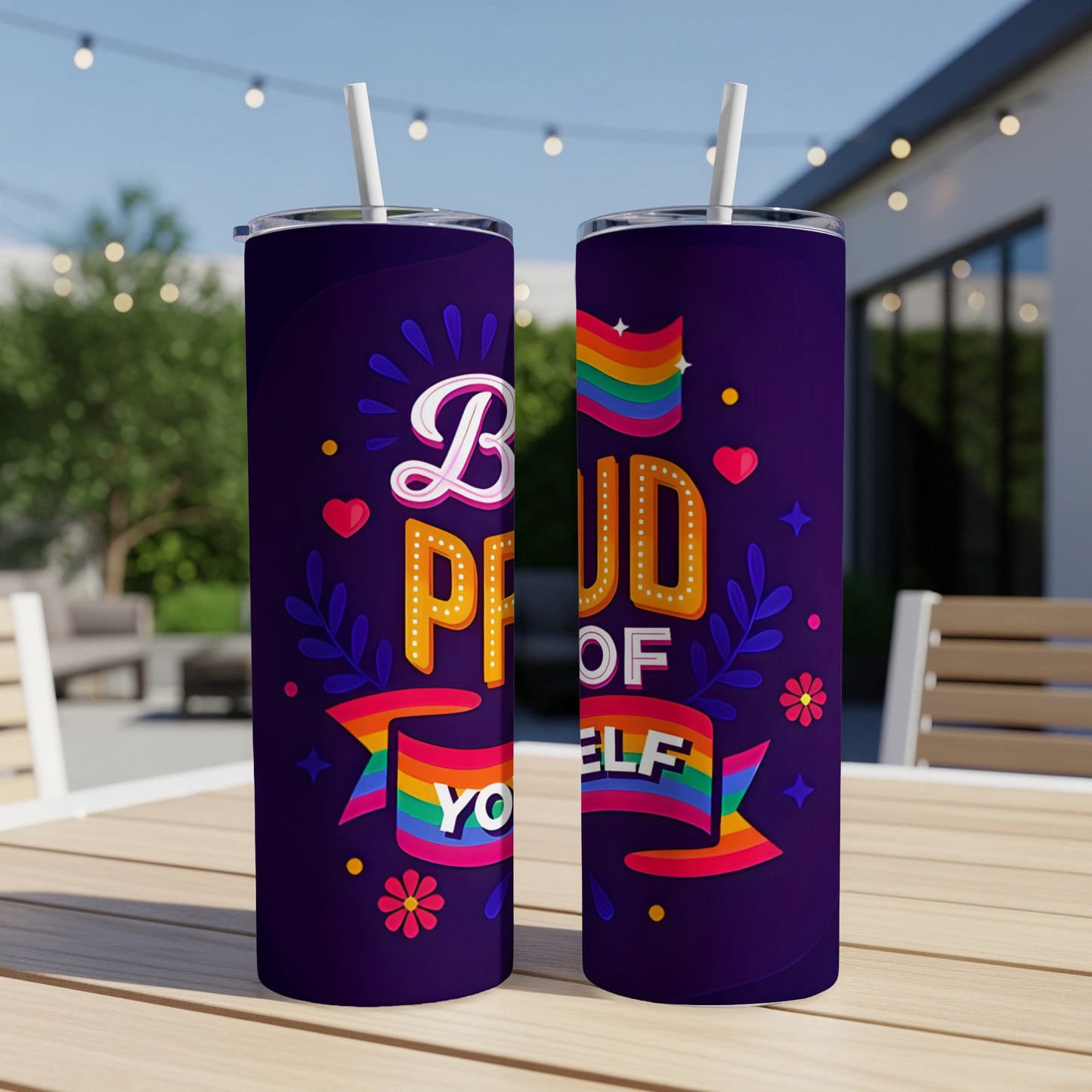 Pride of Yourself tumbler with rainbow and hearts.