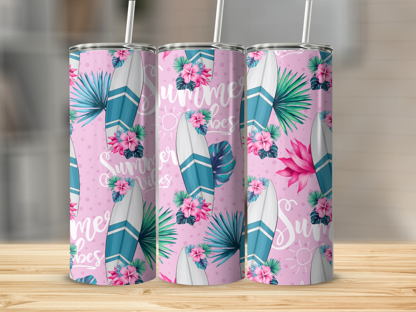 Pink tumbler with "Summer Vibes" and surfboard floral pattern.